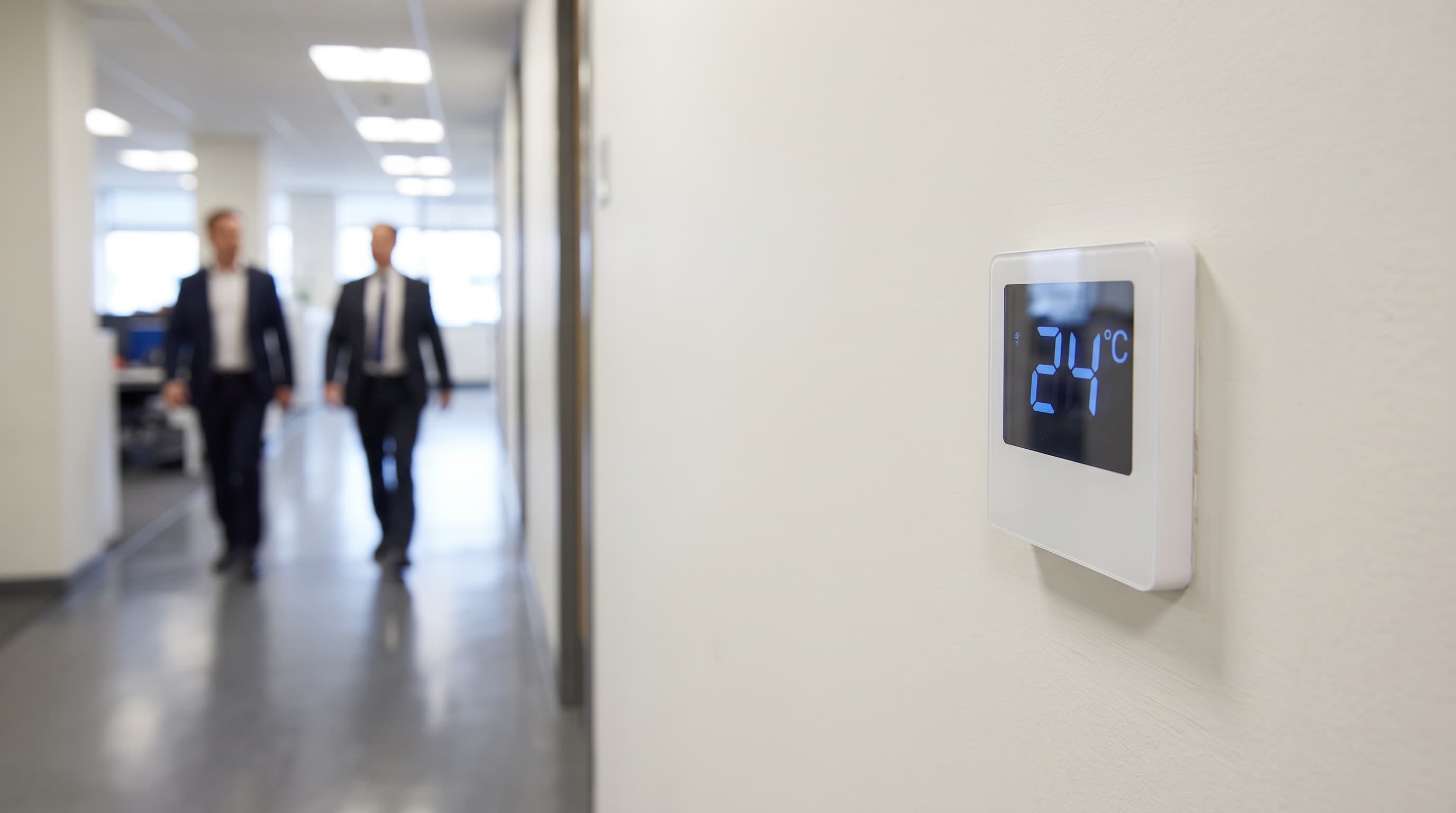 Digital wall thermostat set to 24 degrees Celsius in an office corridor with two staff members walking past in the blurred background