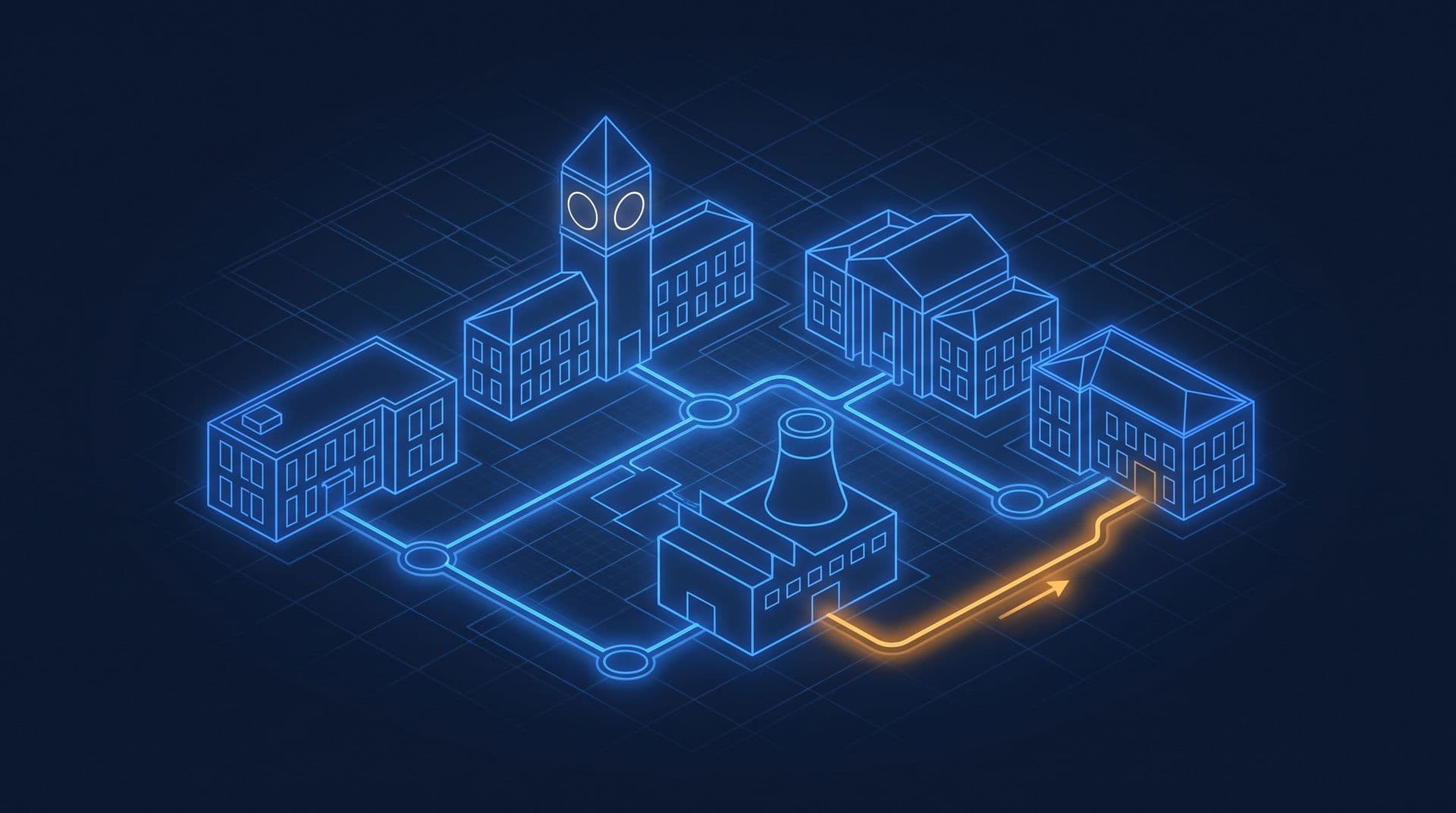 Isometric university campus with clocktower and buildings linked to a central plant, one amber energy line, navy blueprint style
