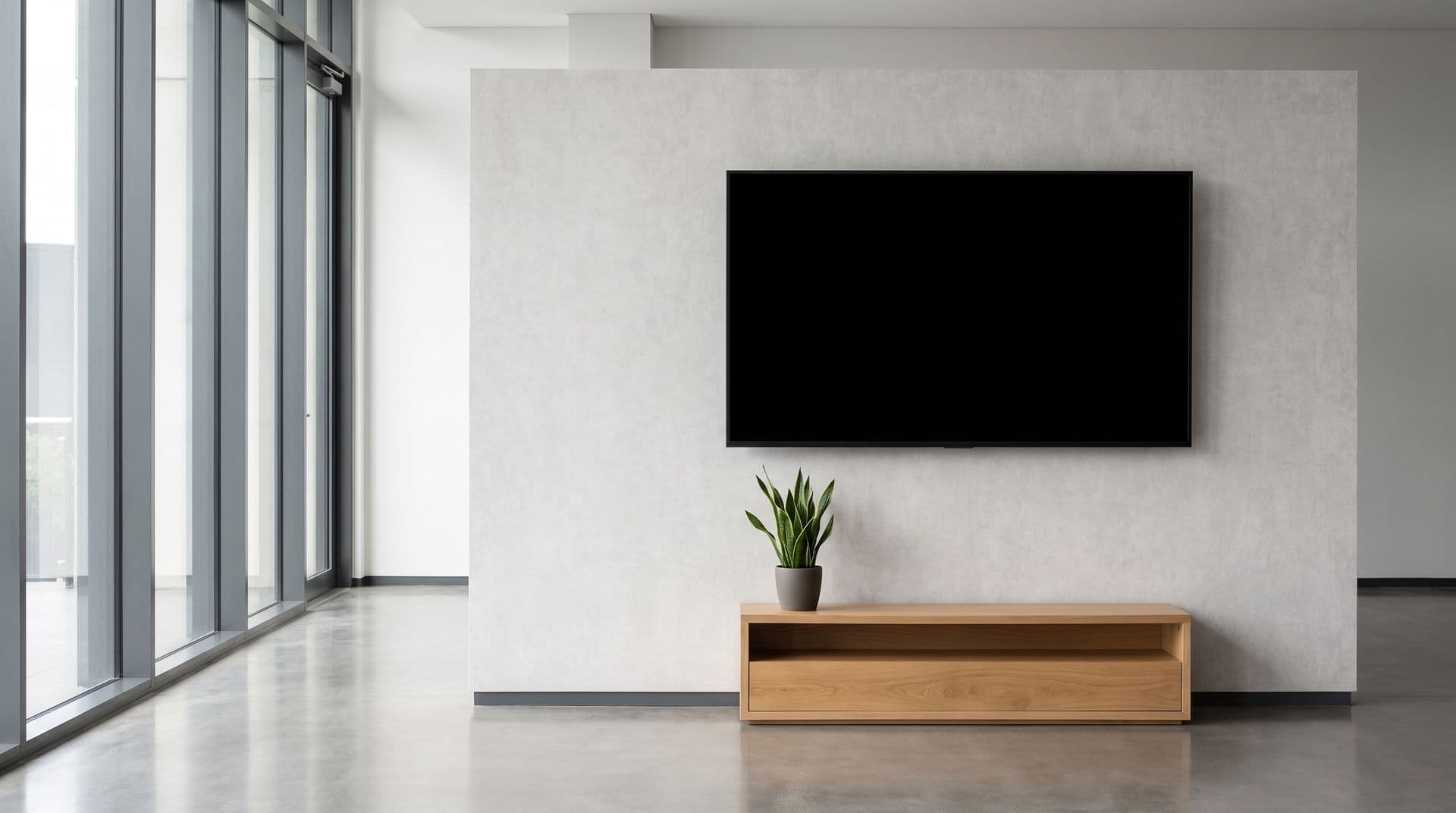 Switched-off wall-mounted energy dashboard with a dark blank screen in an empty modern office lobby, small potted plant on a wooden console beneath it