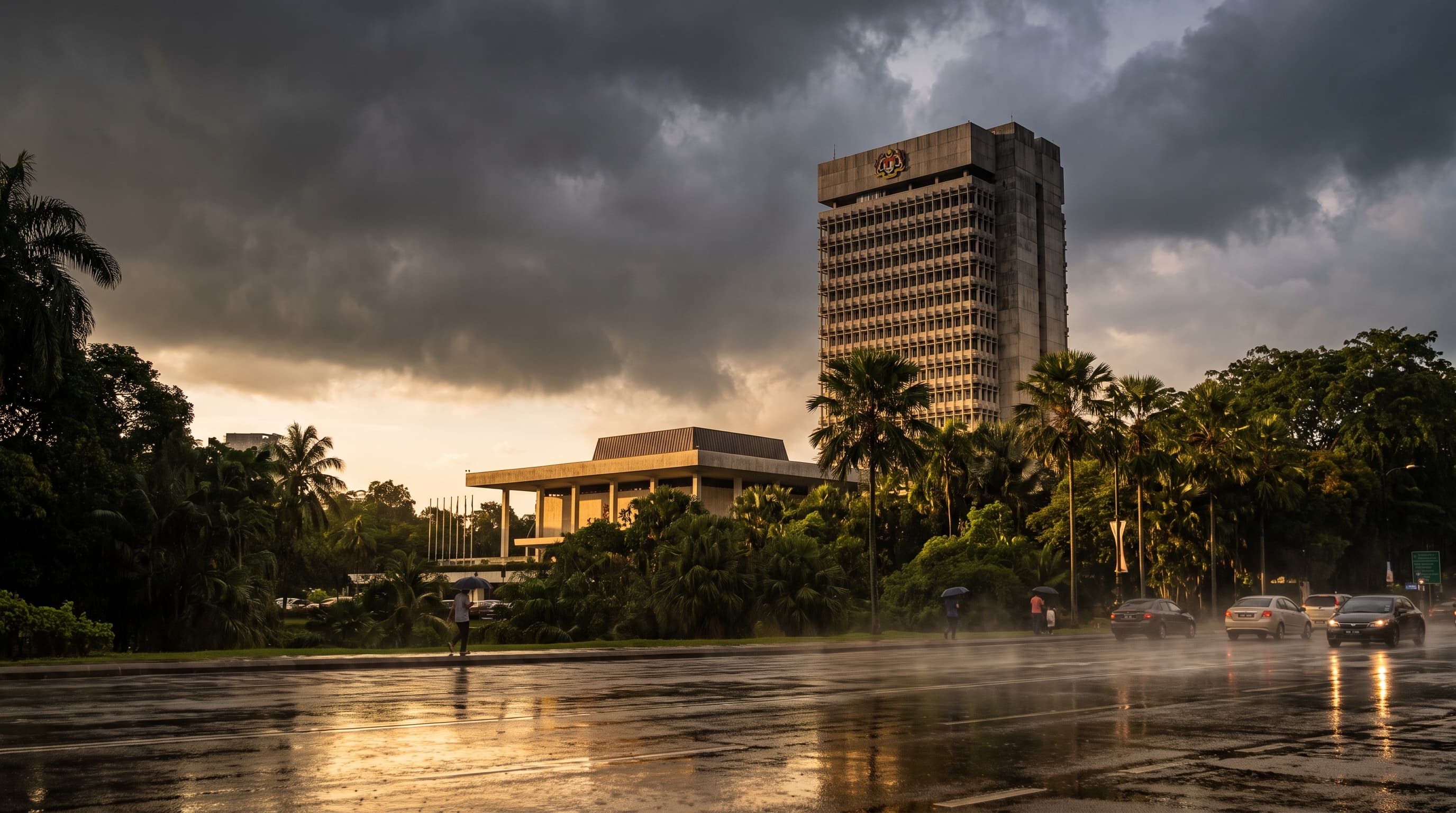 Malaysian Parliament building in Kuala Lumpur under dramatic monsoon storm clouds with warm late-afternoon light reflecting off a wet road