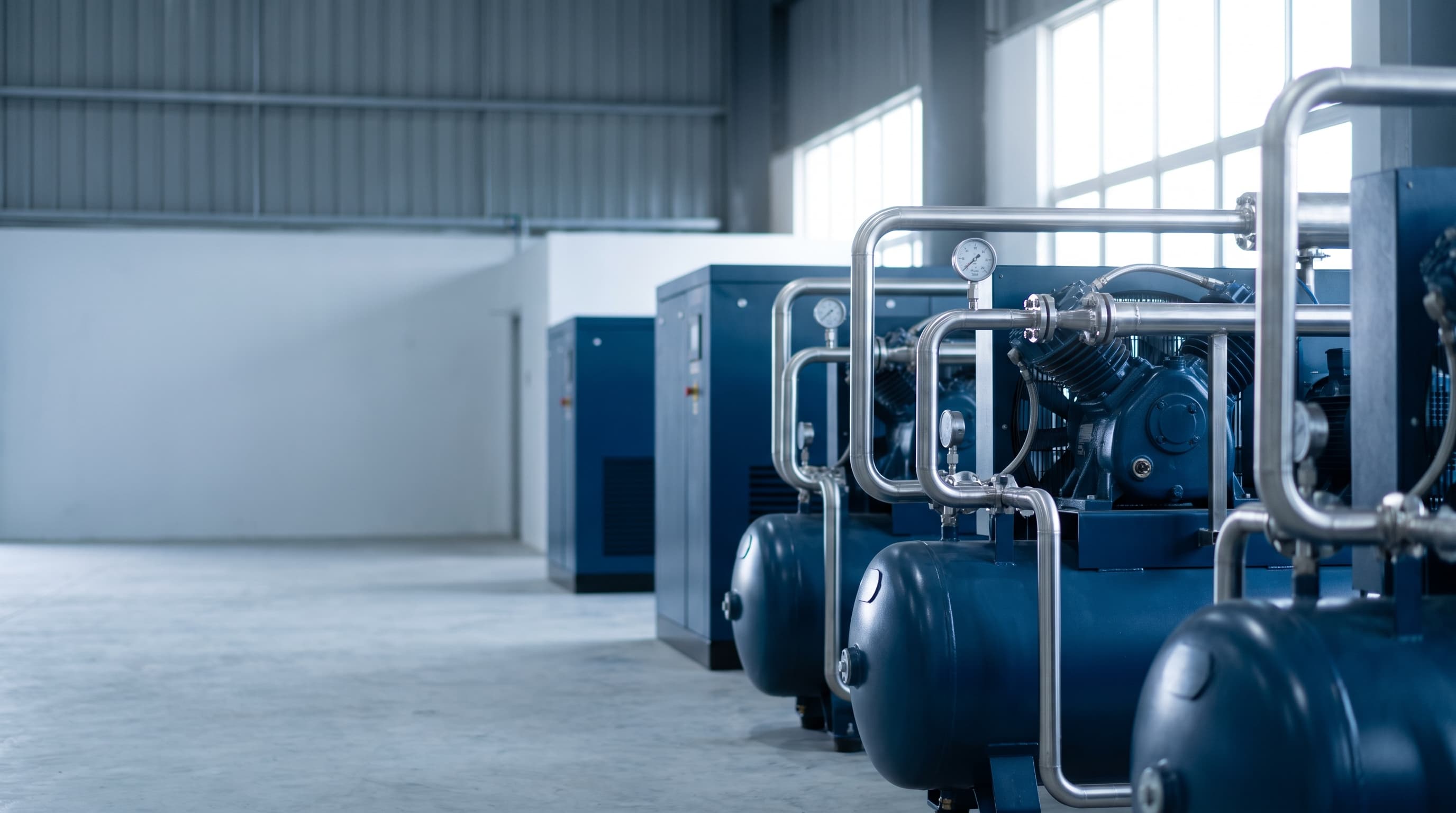 Row of blue industrial screw air compressors with stainless steel piping and pressure gauges in a clean Malaysian factory compressor room