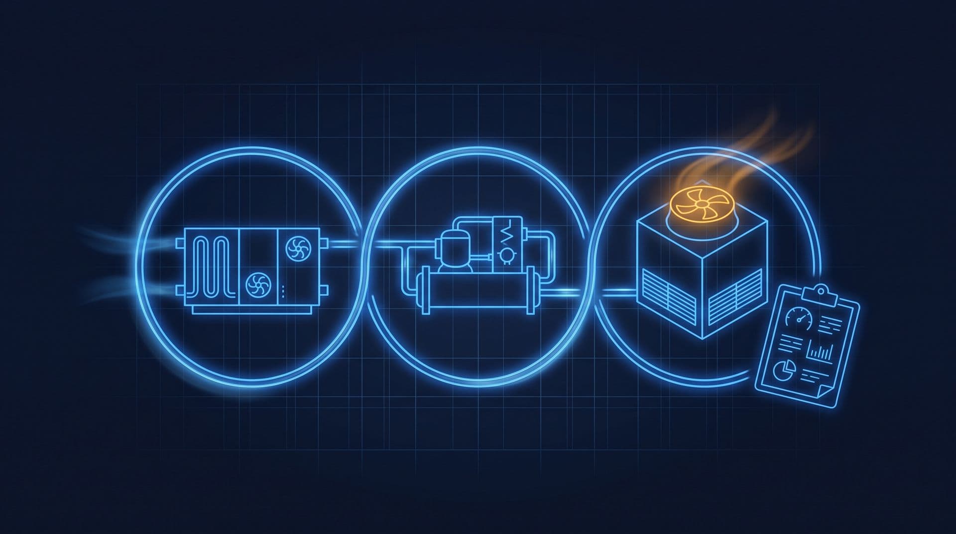 Illustration of an air handling unit, chiller and cooling tower linked as three loops with a clipboard of readings