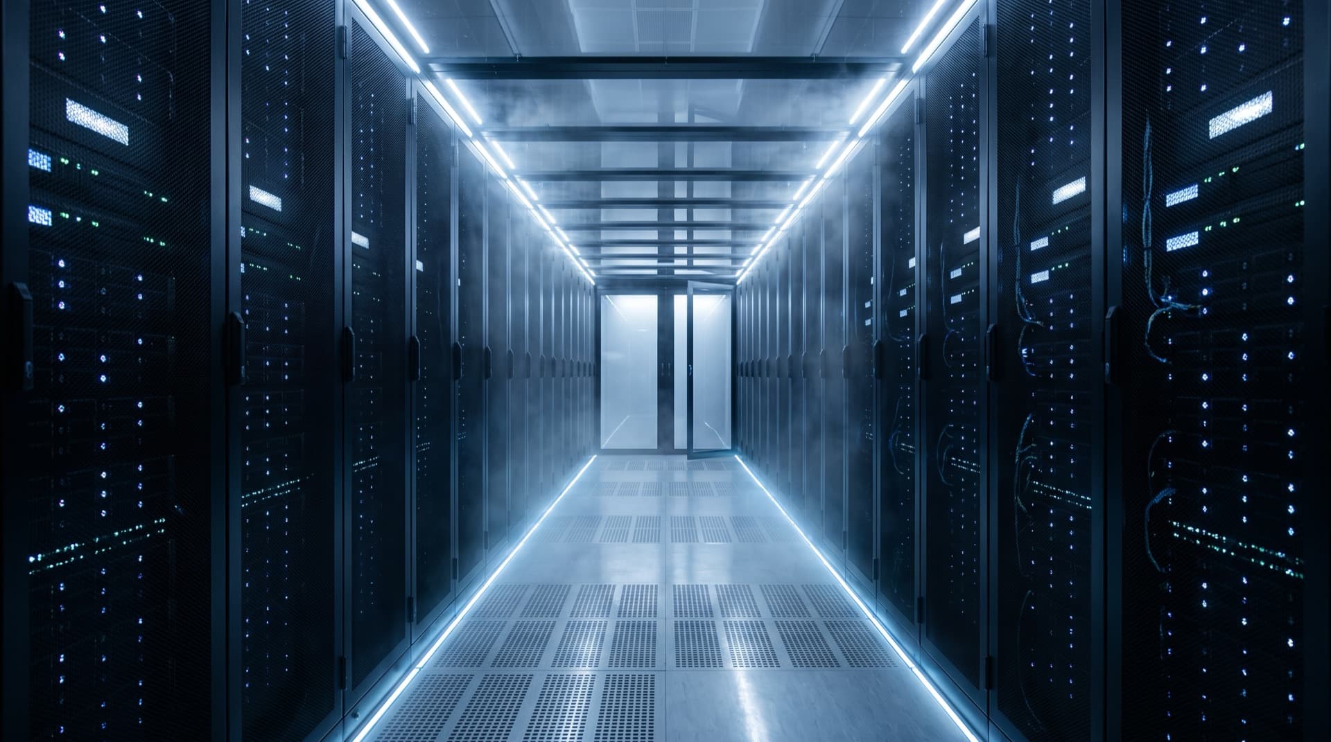 Data centre cold aisle with rows of server racks glowing with blue LED lights, perforated floor tiles and a haze of chilled air, containment door ajar at the far end