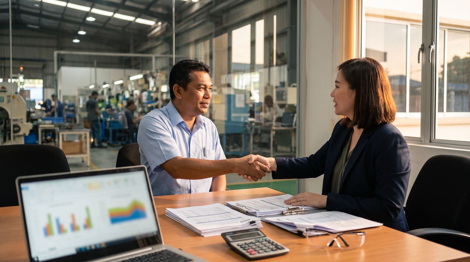 Factory manager and energy auditor shaking hands over audit documents in a Malaysian plant office