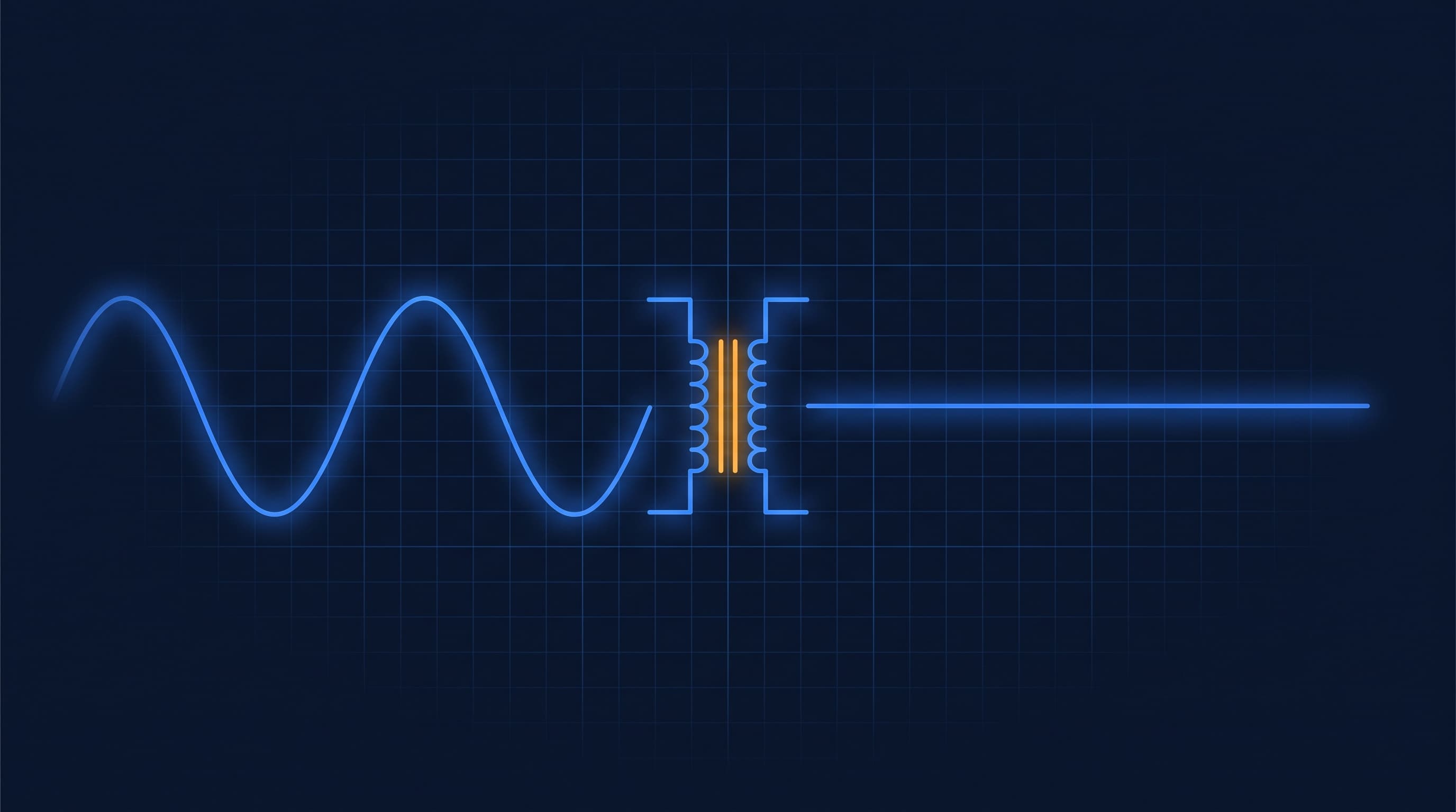 Sine wave passing through a transformer symbol into a flat DC line, illustrating AC versus DC