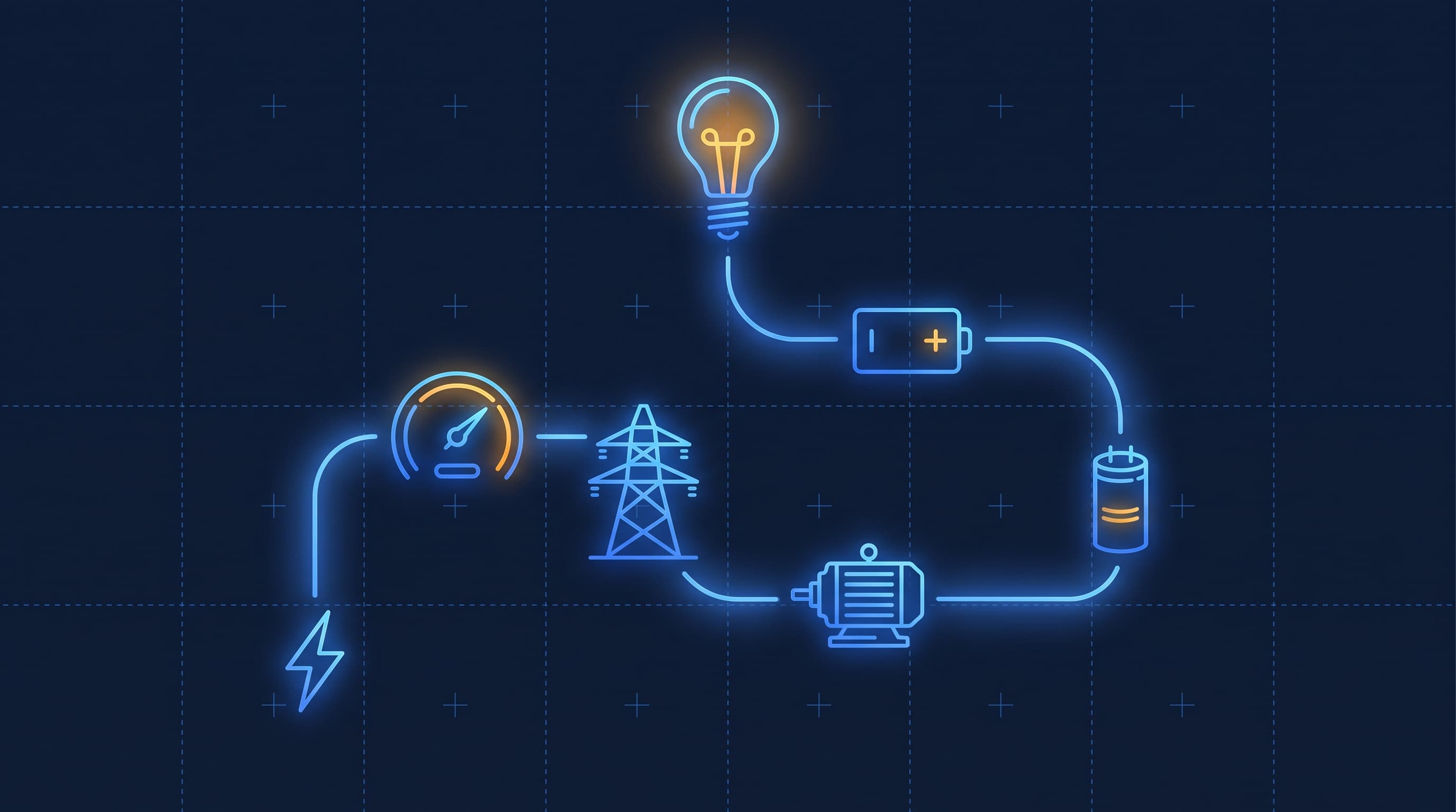 Glowing course path across a blueprint connecting a lightning bolt, gauge, pylon, motor, battery and capacitor, ending at a bright light bulb