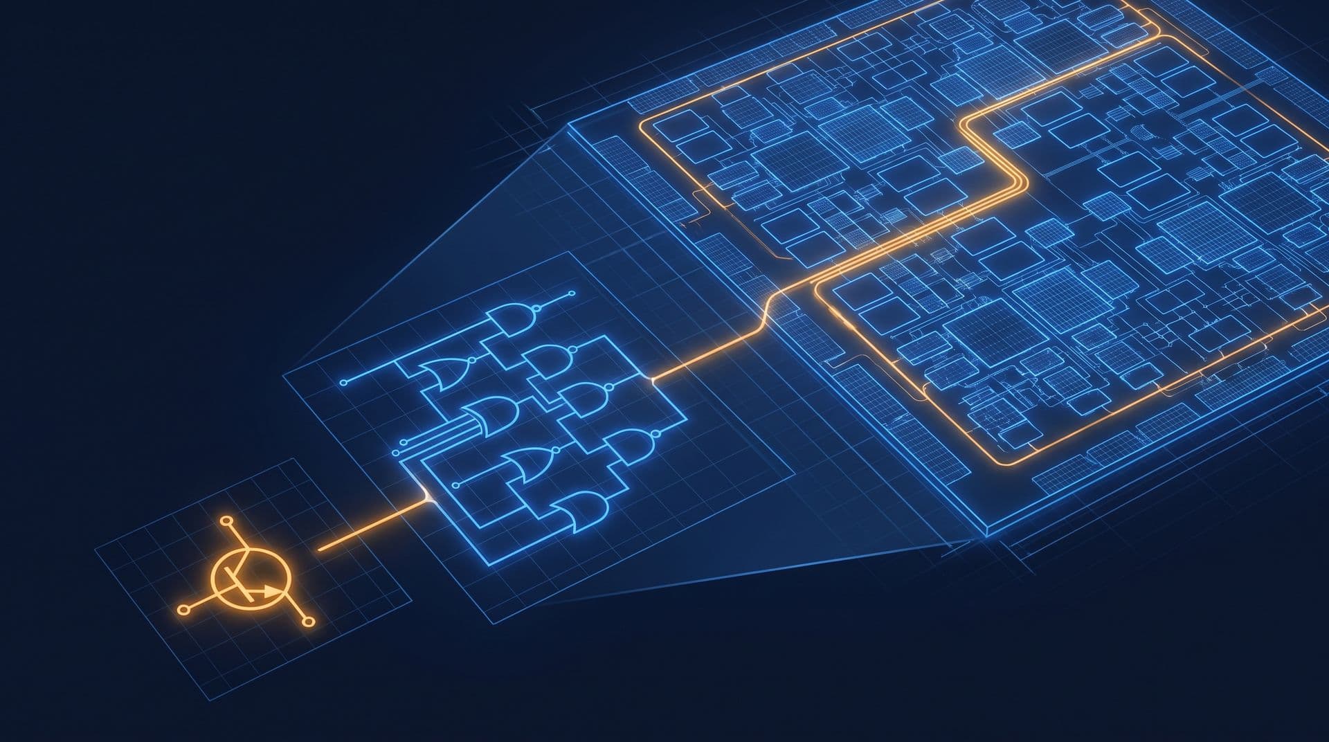 Zoom cascade from a single amber transistor symbol to a logic gate cluster to a vast glowing processor die