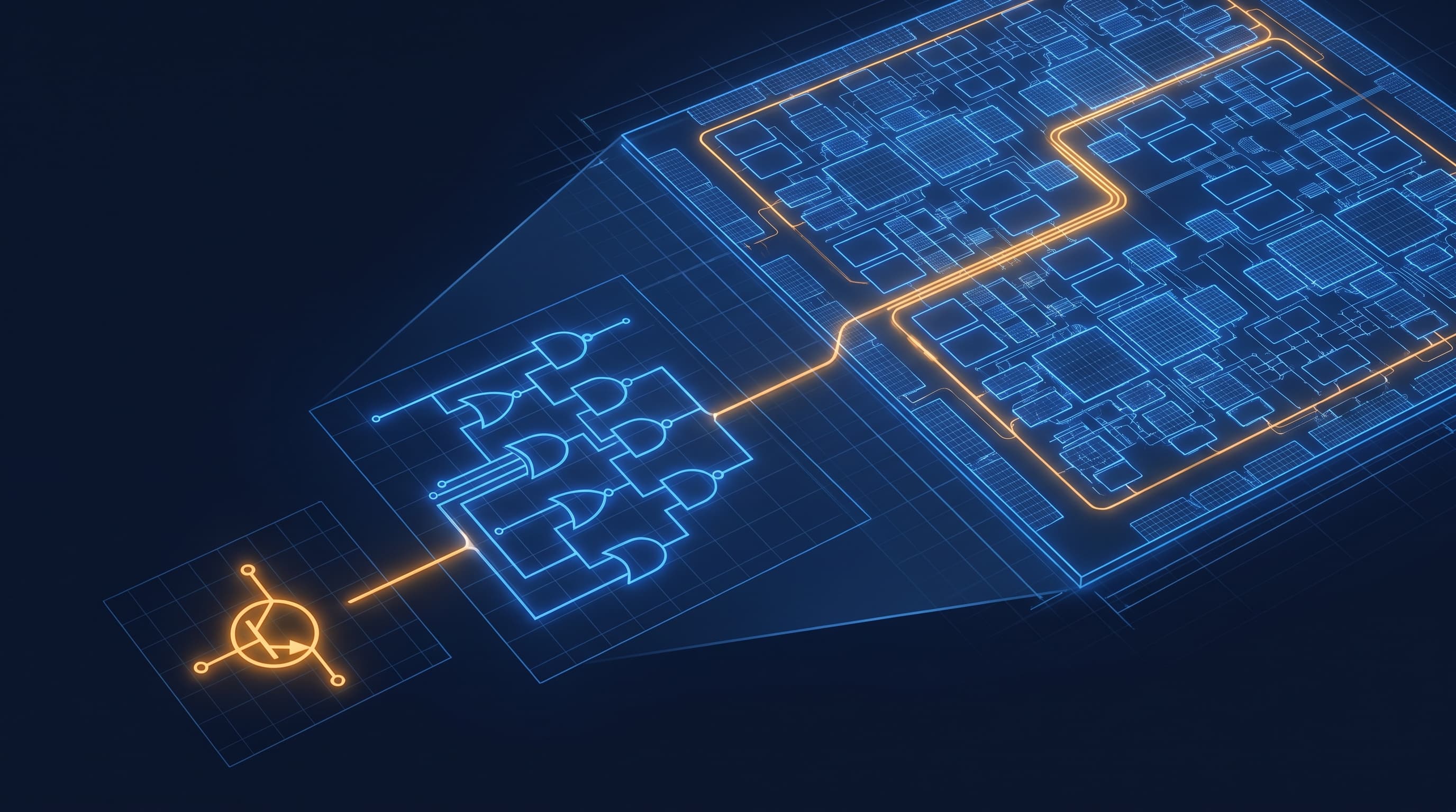 Zoom cascade from a single amber transistor symbol to a logic gate cluster to a vast glowing processor die