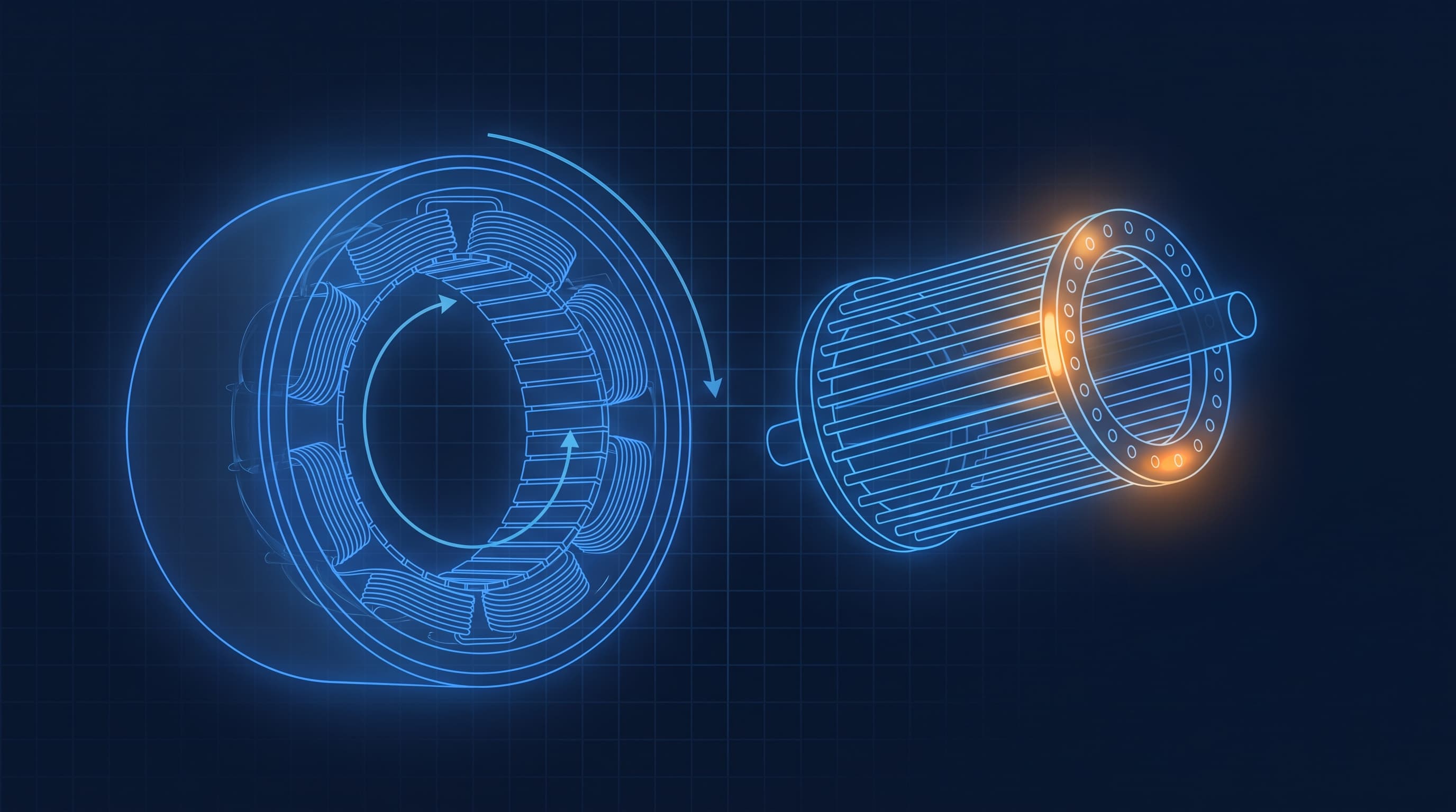 Exploded view of an induction motor showing the stator ring with windings and a floating squirrel-cage rotor