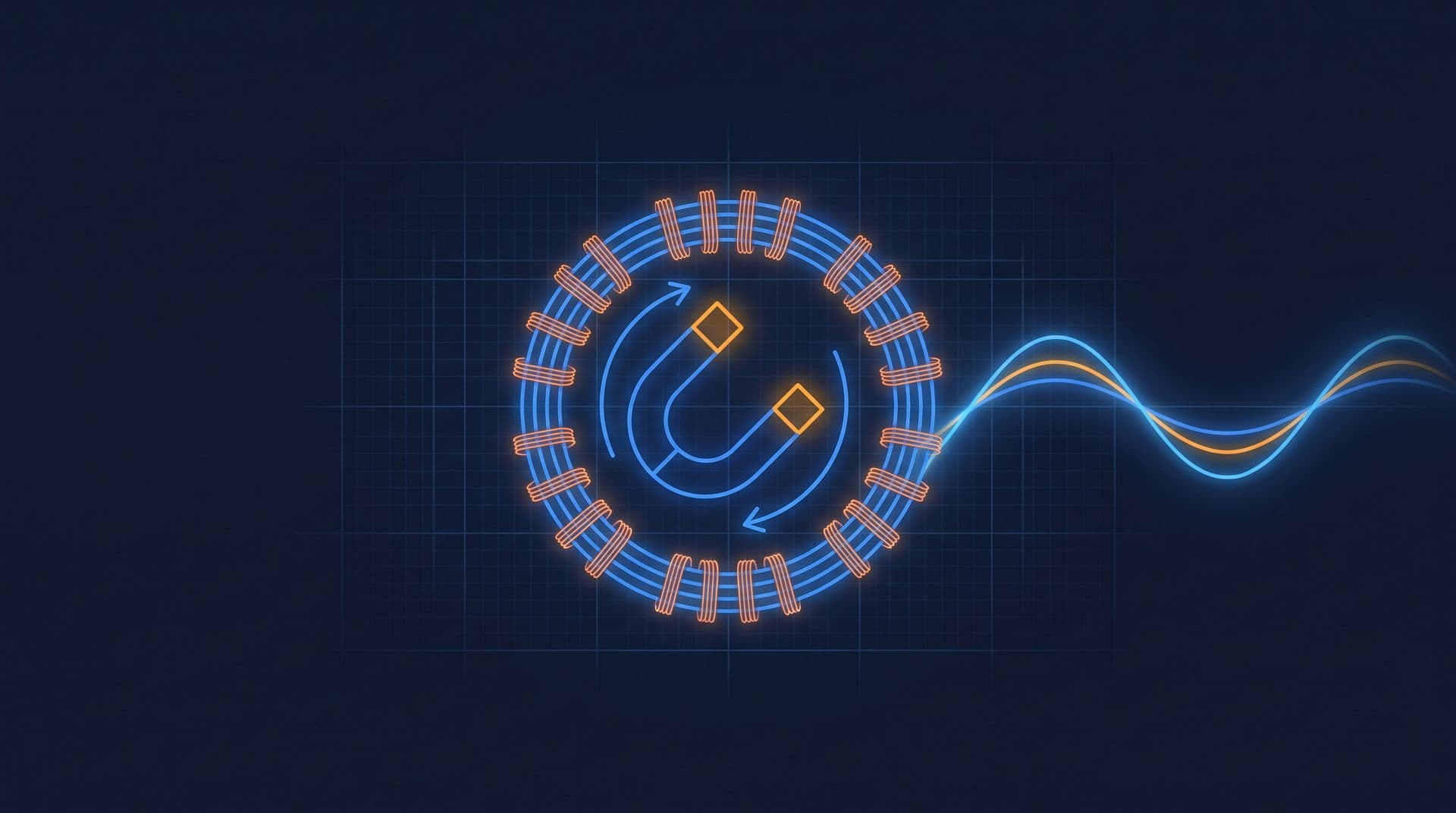 Magnet rotating inside a ring of copper coils with a glowing sine wave streaming out, illustrating electromagnetic induction