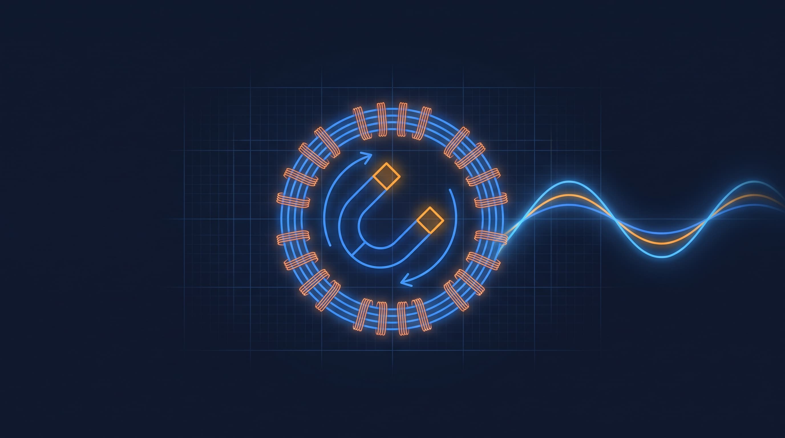Magnet rotating inside a ring of copper coils with a glowing sine wave streaming out, illustrating electromagnetic induction