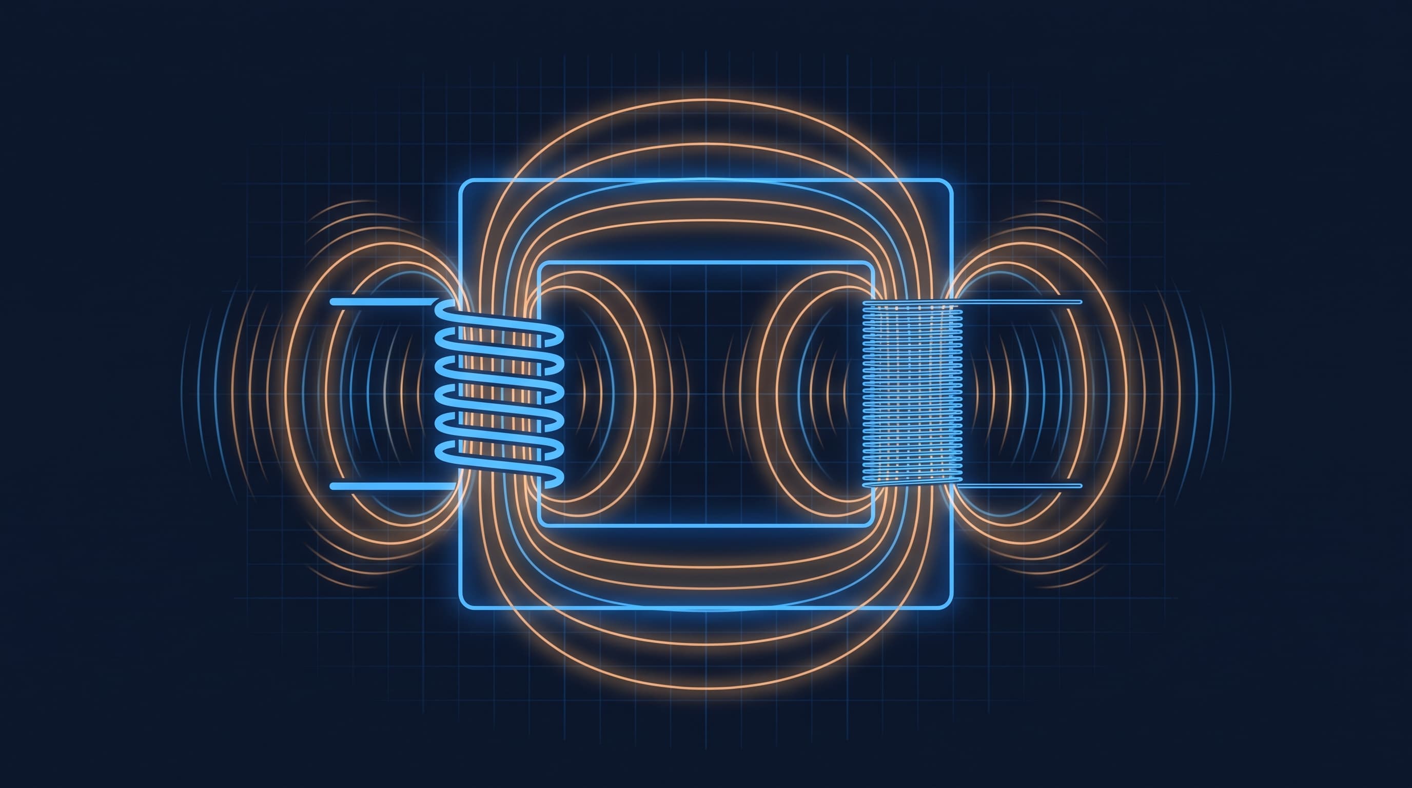 Transformer core with a thick primary coil and fine secondary winding linked by glowing magnetic field lines