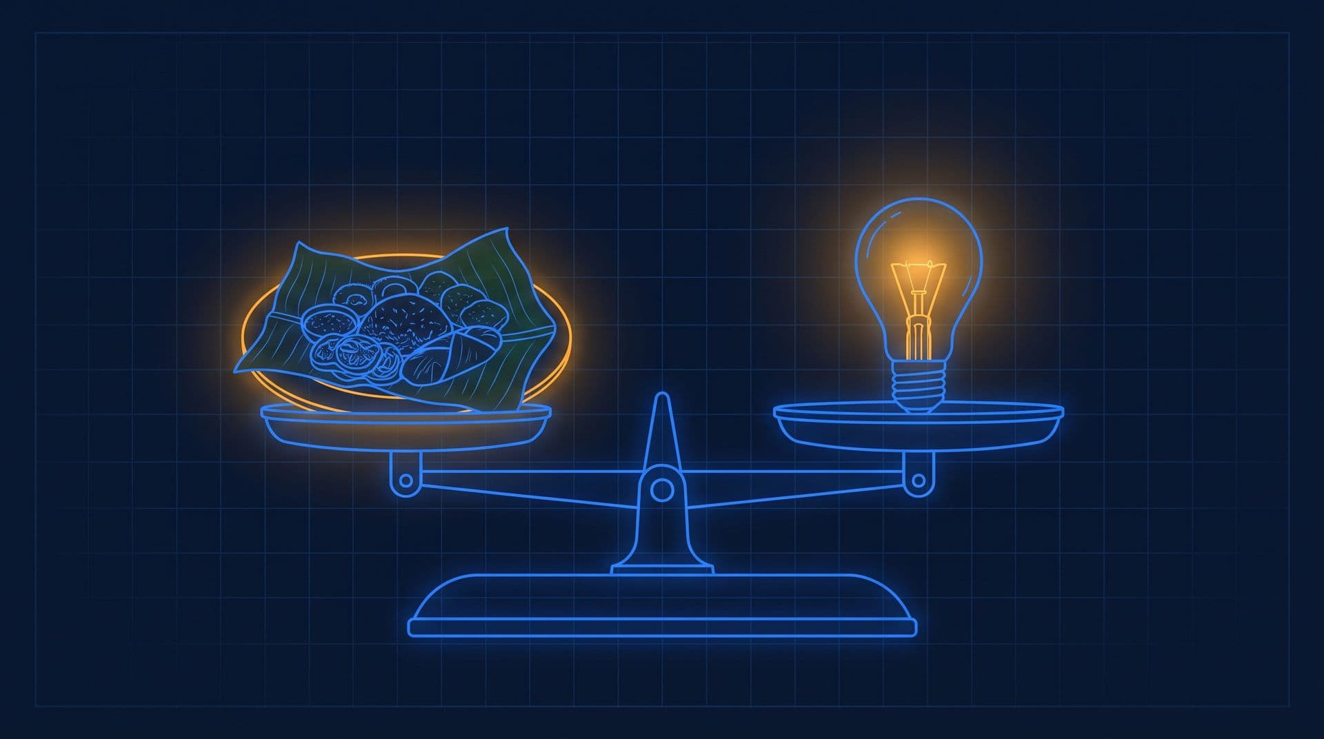 Balance scale weighing a banana-leaf meal against a glowing light bulb, showing food and electricity as the same energy