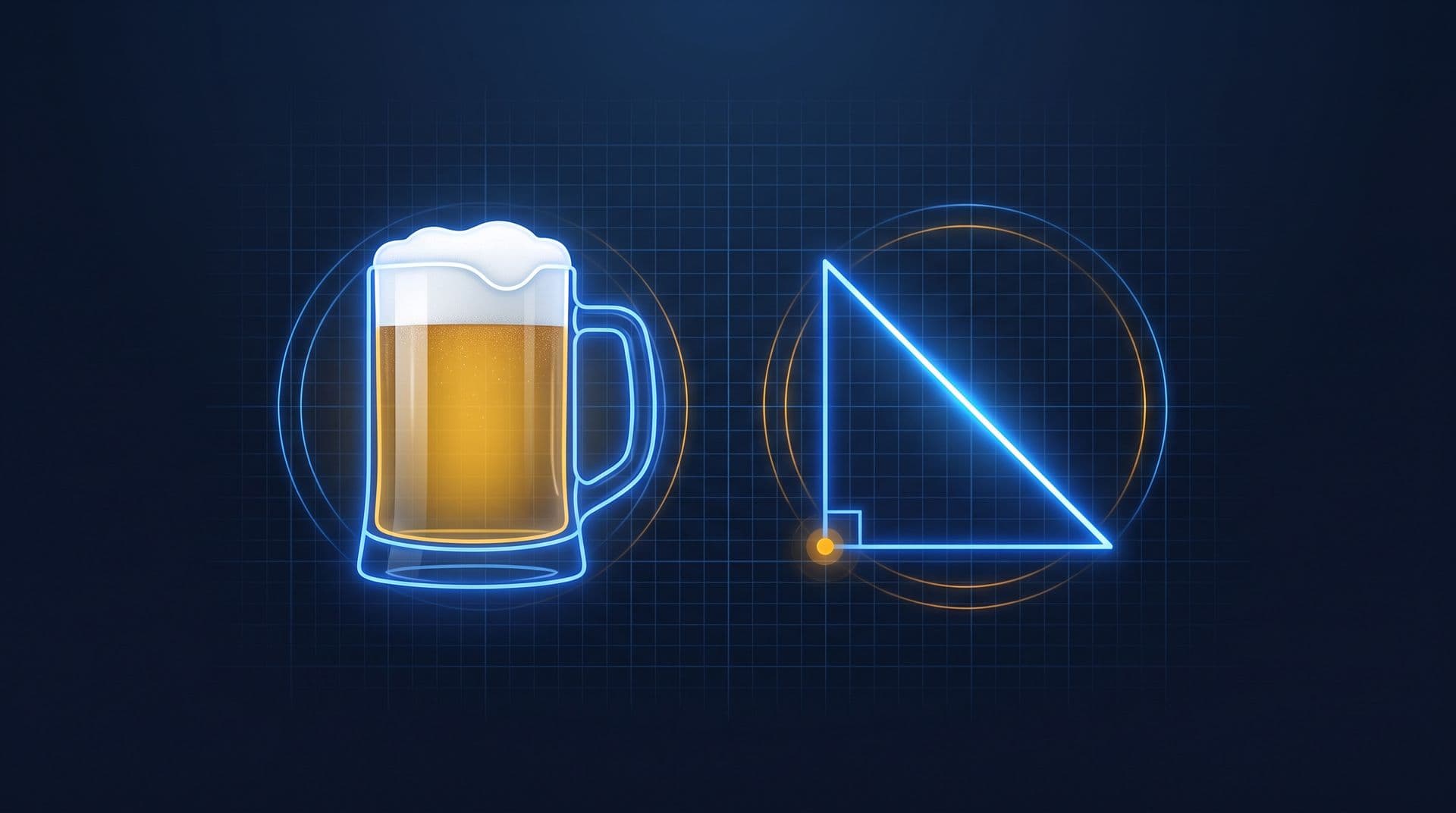 Beer mug with foam beside a glowing right triangle, the classic kW, kVA and kVAR power triangle analogy