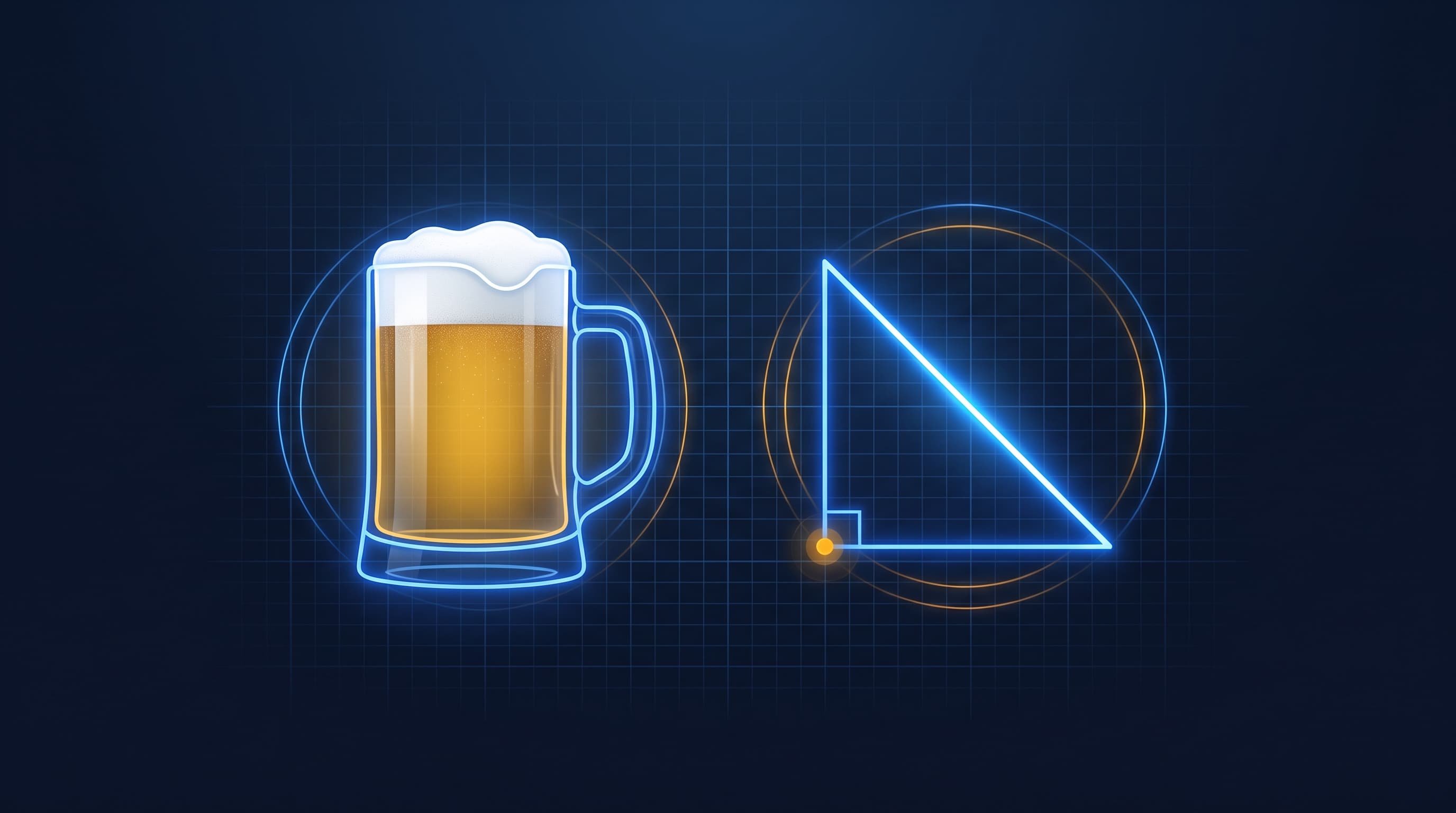 Beer mug with foam beside a glowing right triangle, the classic kW, kVA and kVAR power triangle analogy