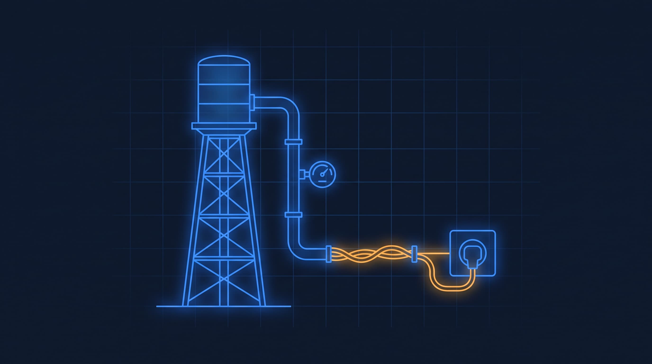 Blueprint-style illustration of a water tower feeding a glowing wall socket, showing voltage as pressure and current as flow