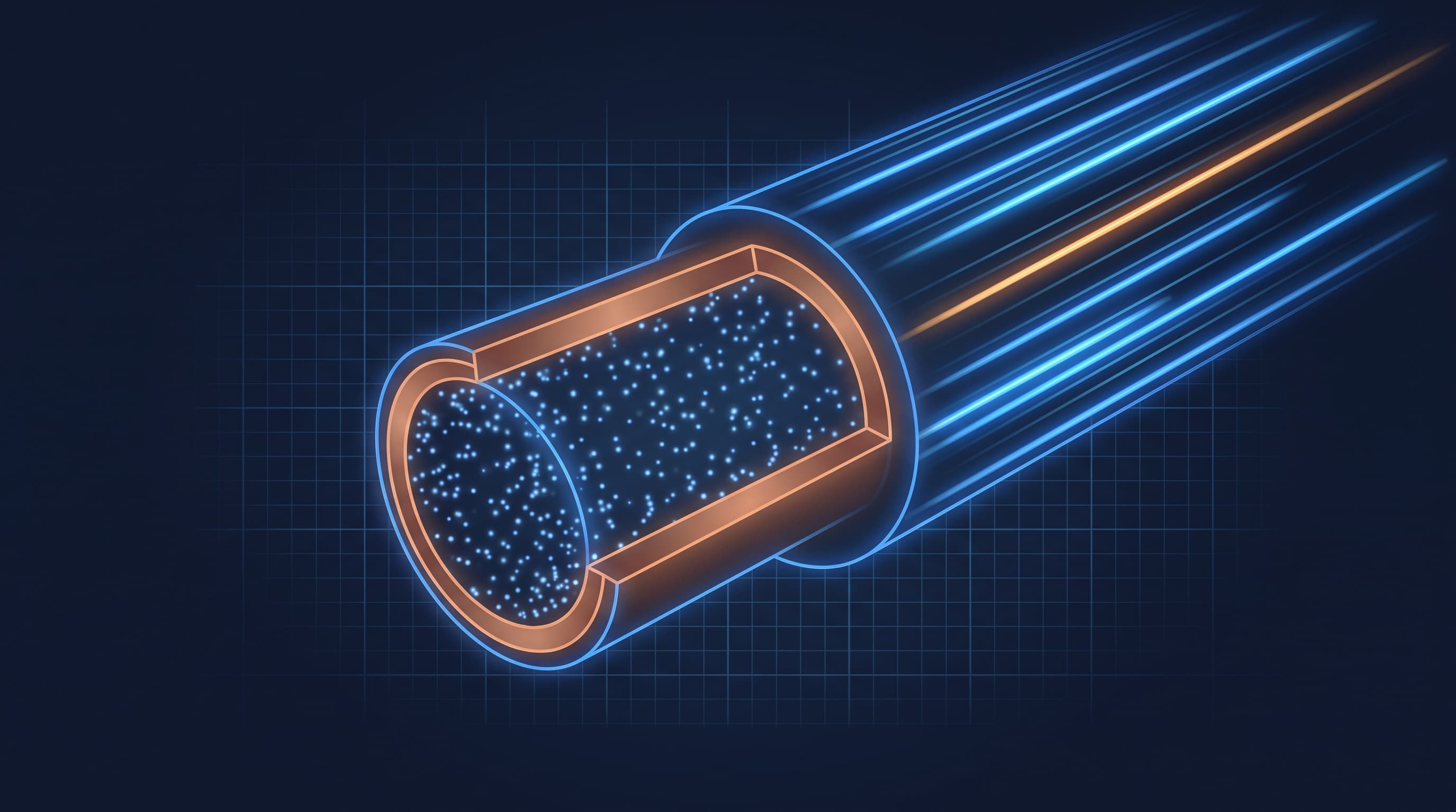 Cutaway copper wire showing slow drifting electron dots inside while a fast energy wave streaks along the outside