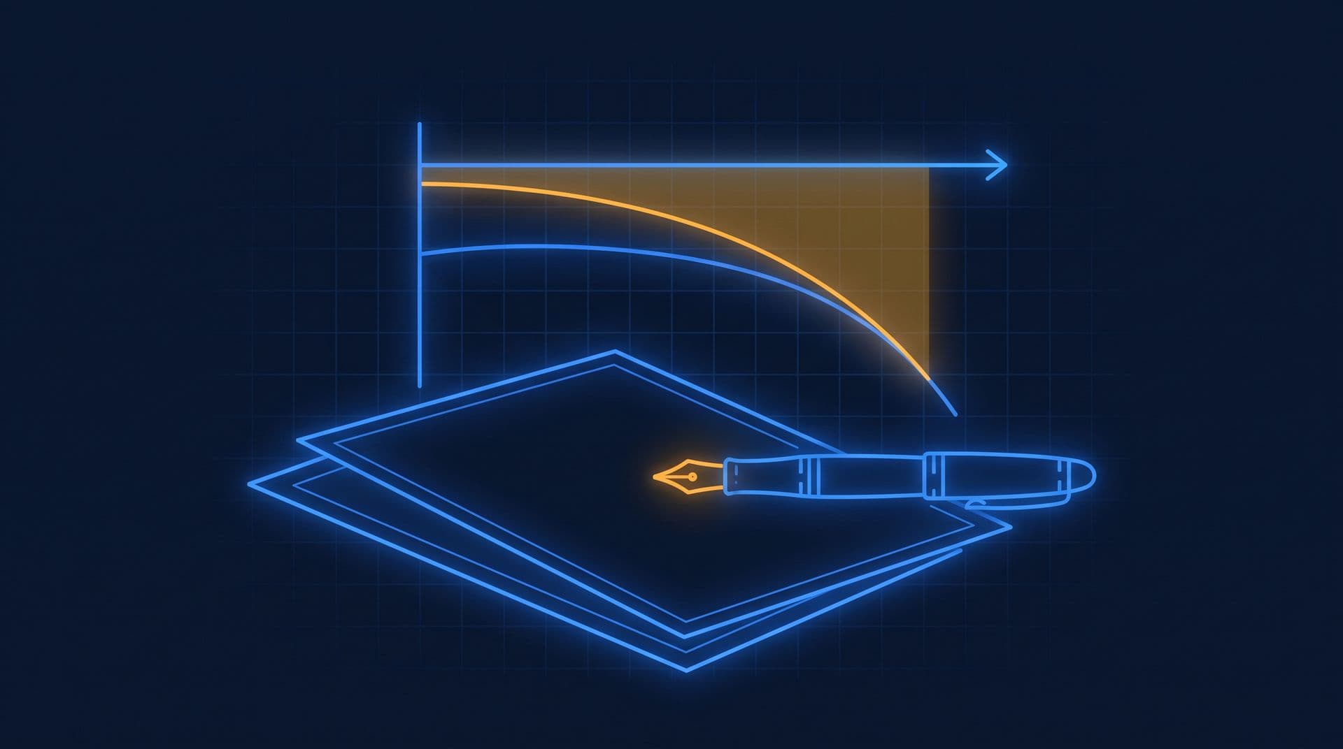 Contract documents and fountain pen under a declining cost curve with an amber savings wedge, navy blueprint style