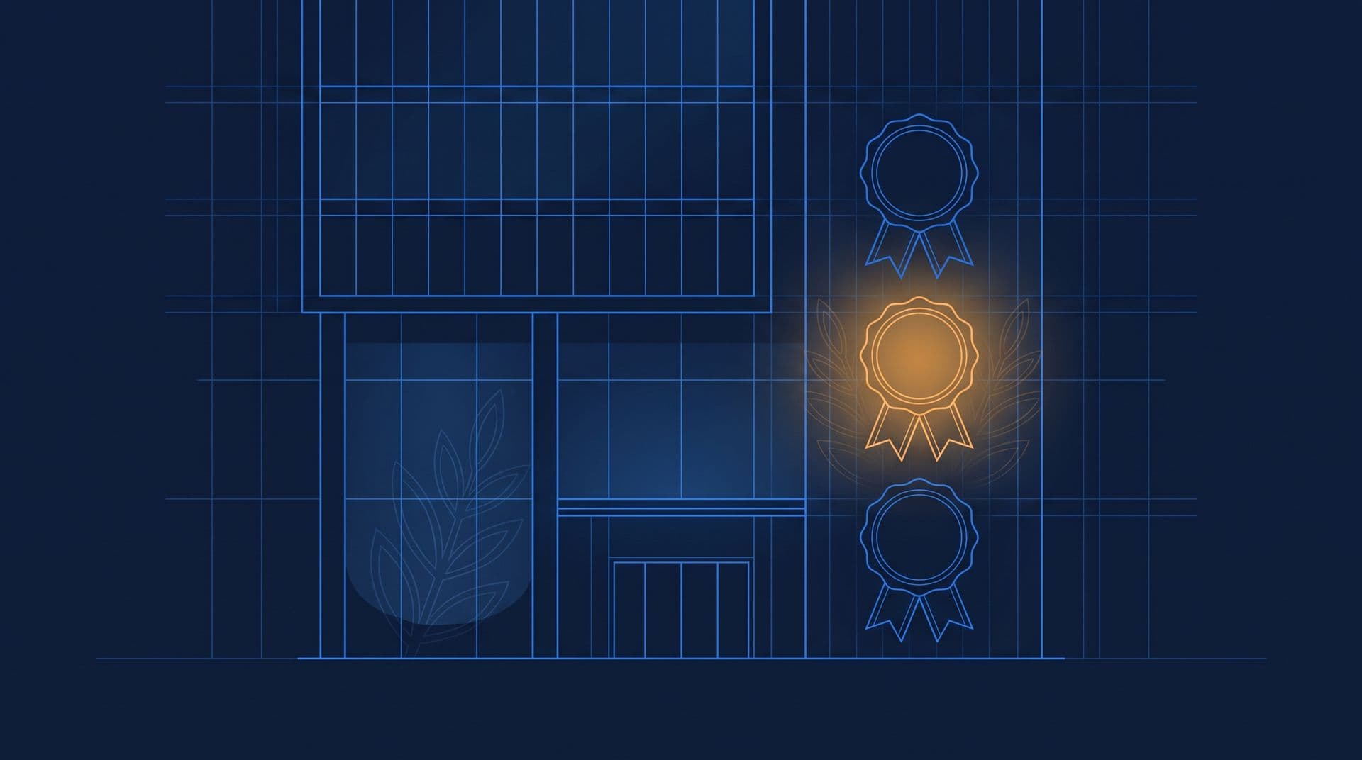 Office tower facade with three blank certification seals, the middle one glowing amber, navy blueprint style