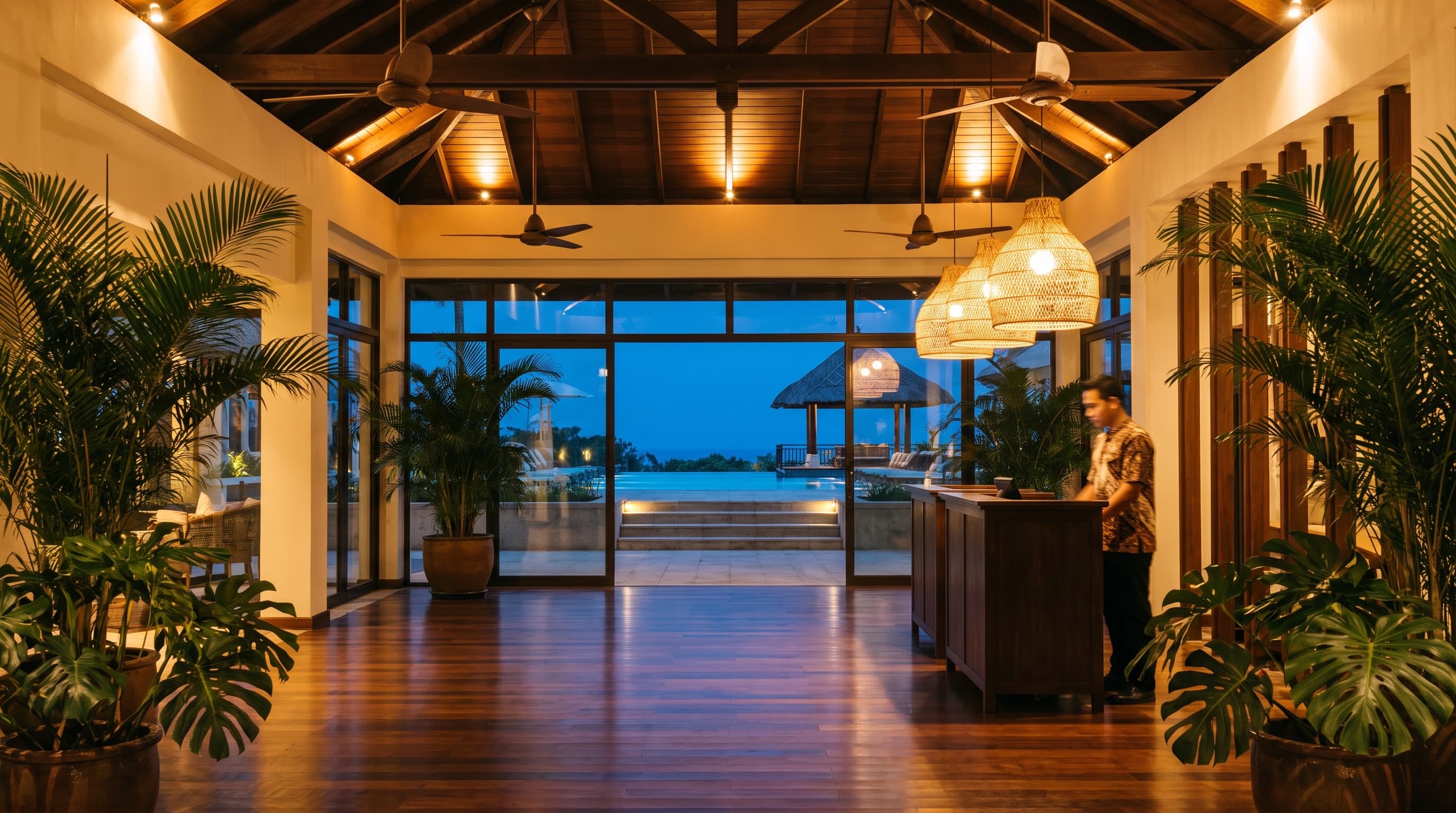Malaysian resort hotel lobby at dusk with warm rattan pendant lights, ceiling fans, tropical plants and a staff member at the reception desk overlooking a lit pool terrace