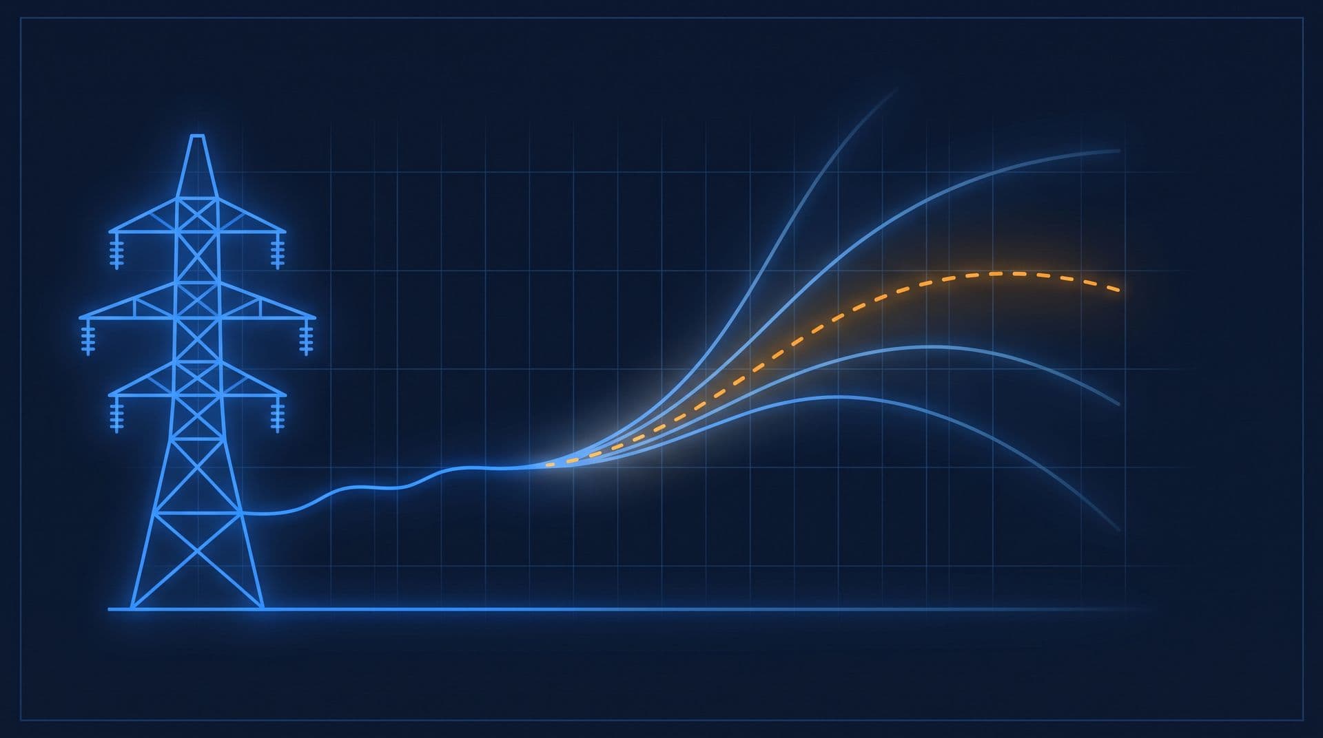 Transmission pylon anchoring a forecast chart fanning into future paths with an amber dashed projection, navy blueprint style