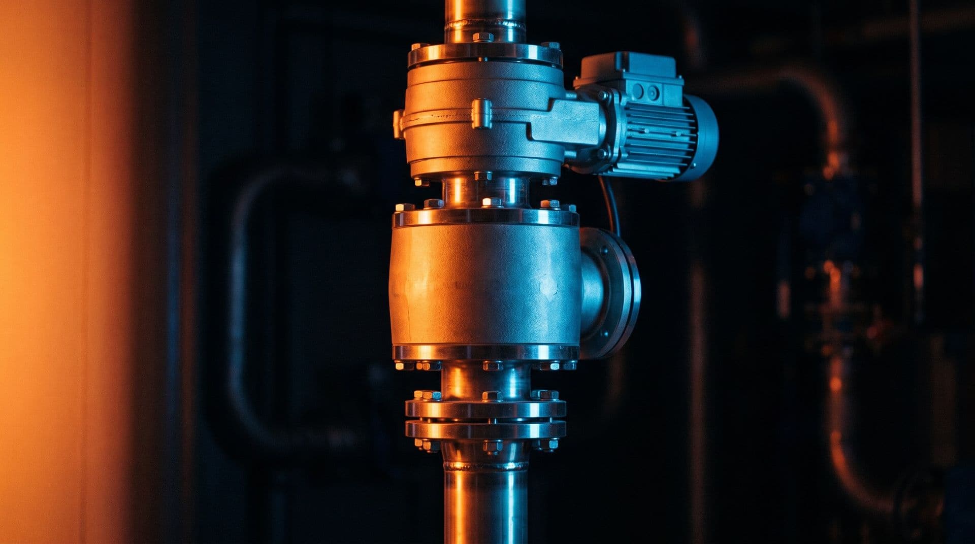 Industrial motorized control valve and actuator on polished stainless-steel pipework, lit warm orange on one side and cool blue on the other against a dark plant-room background
