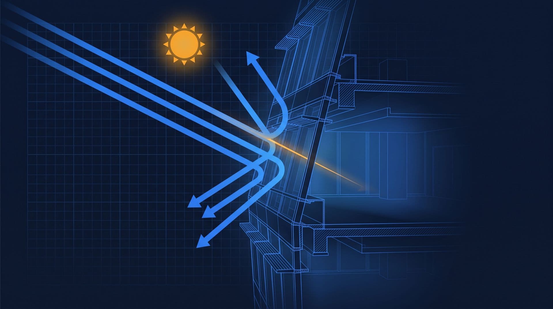 Technical illustration of sun rays deflecting off a building facade, representing MS 1525 OTTV envelope design