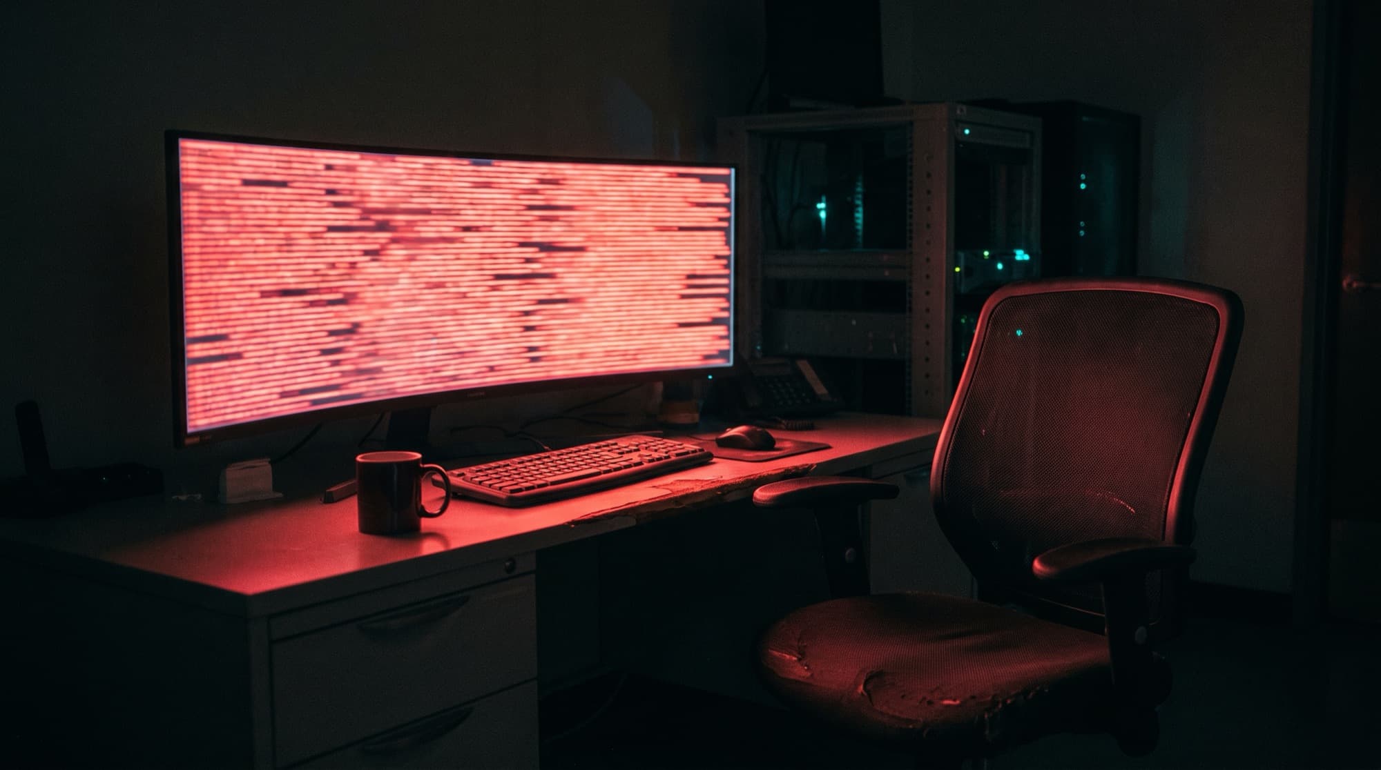 Empty operator chair in a dark building control room facing an ultrawide monitor filled with hundreds of glowing red alarm rows, red light spilling across the desk