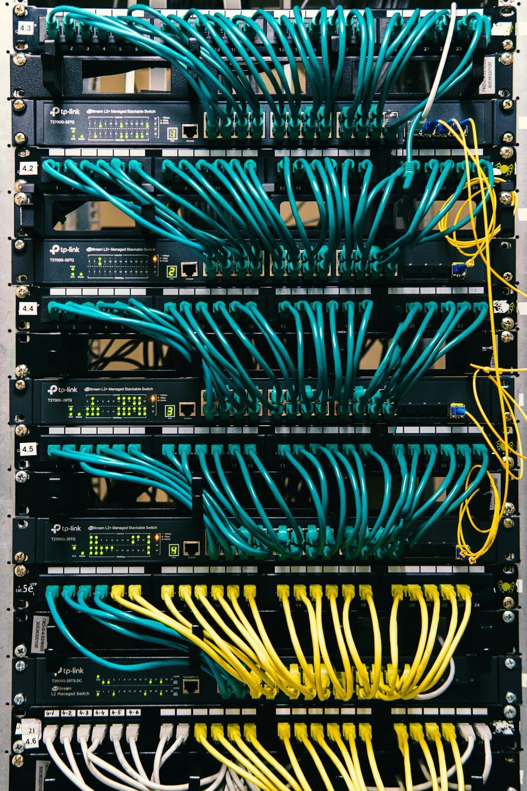 A server rack with dense network cabling