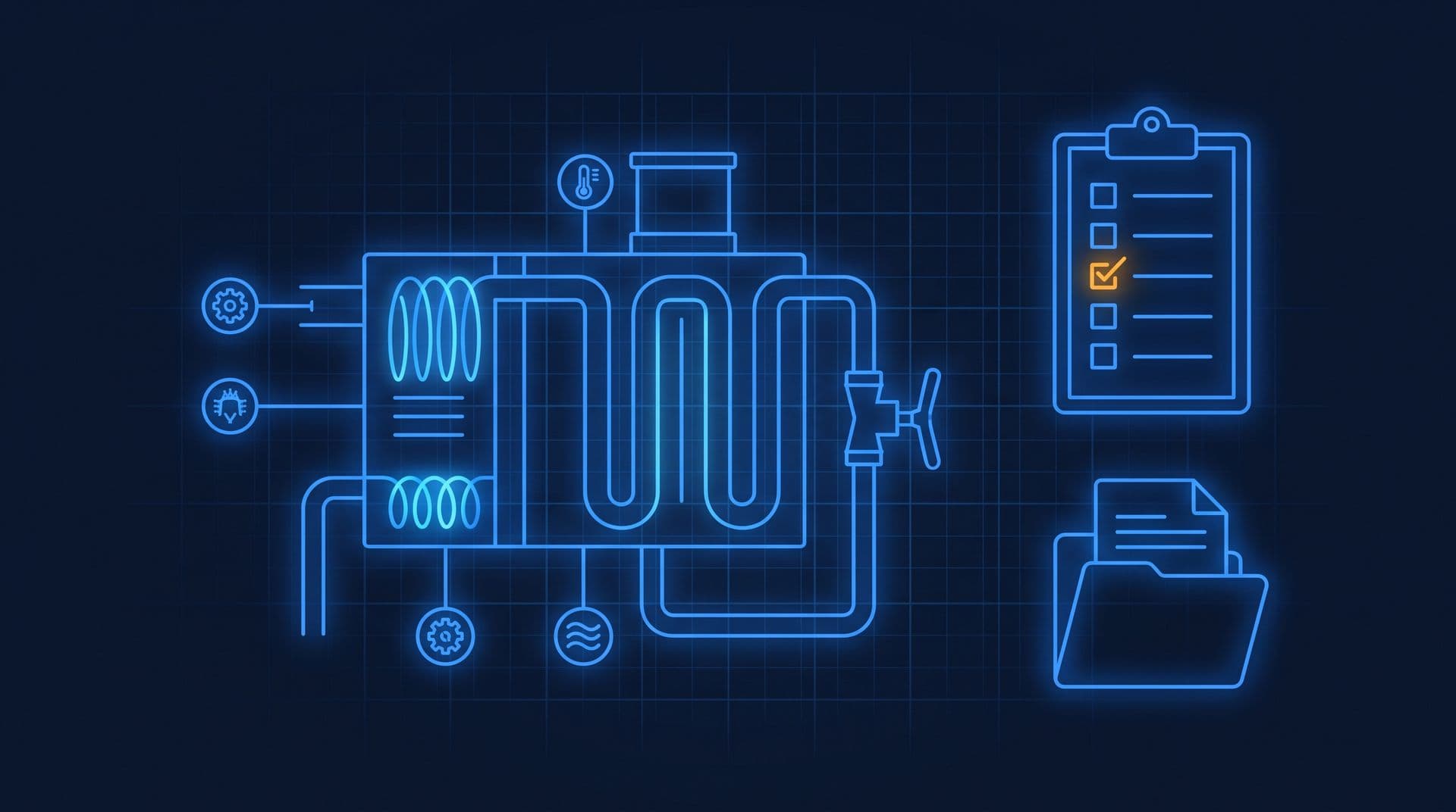 Illustration of an air handling unit with a commissioning checklist and a handover folder