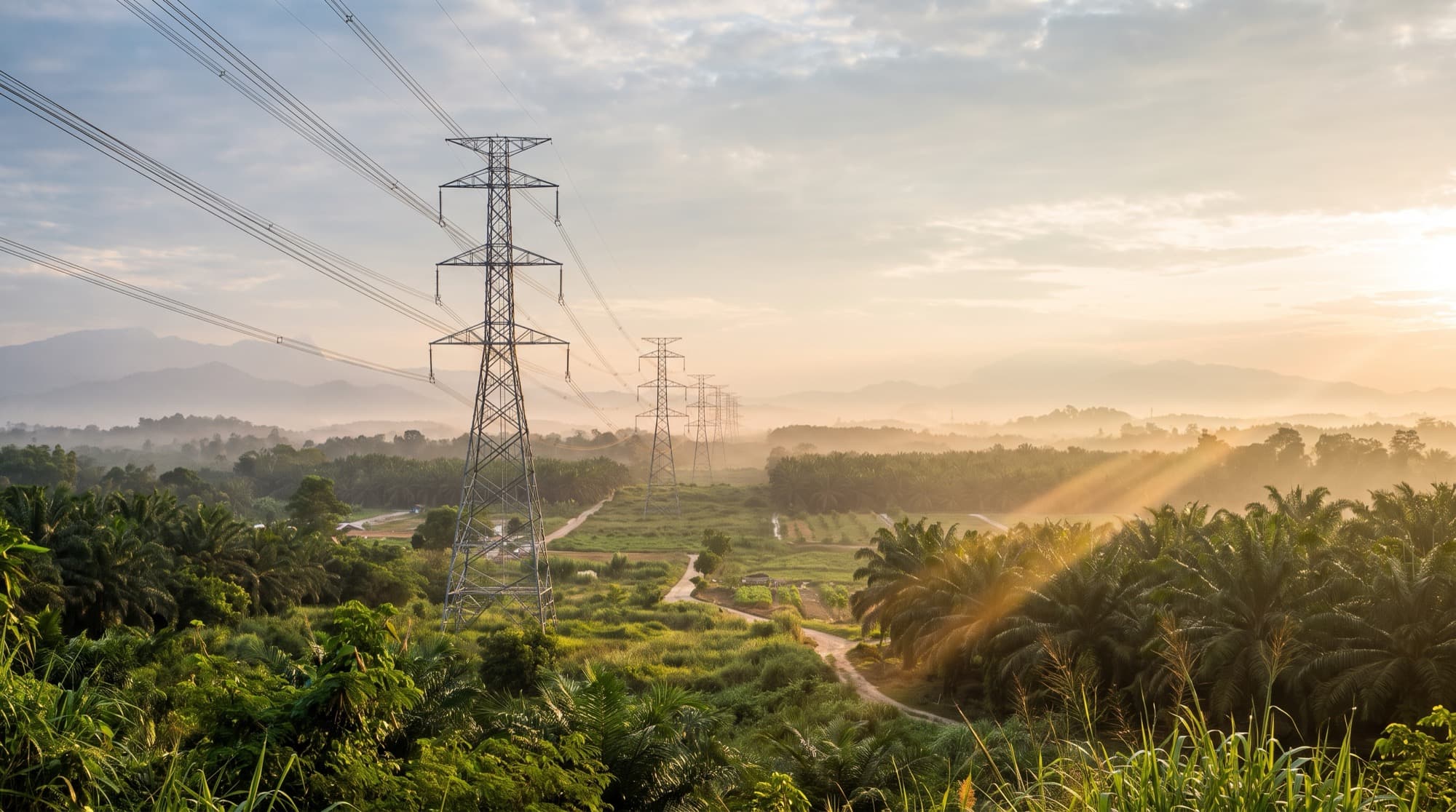 High-voltage transmission pylons carrying power lines across Malaysian countryside fringed with oil palm plantations at golden hour, with haze over distant mountains