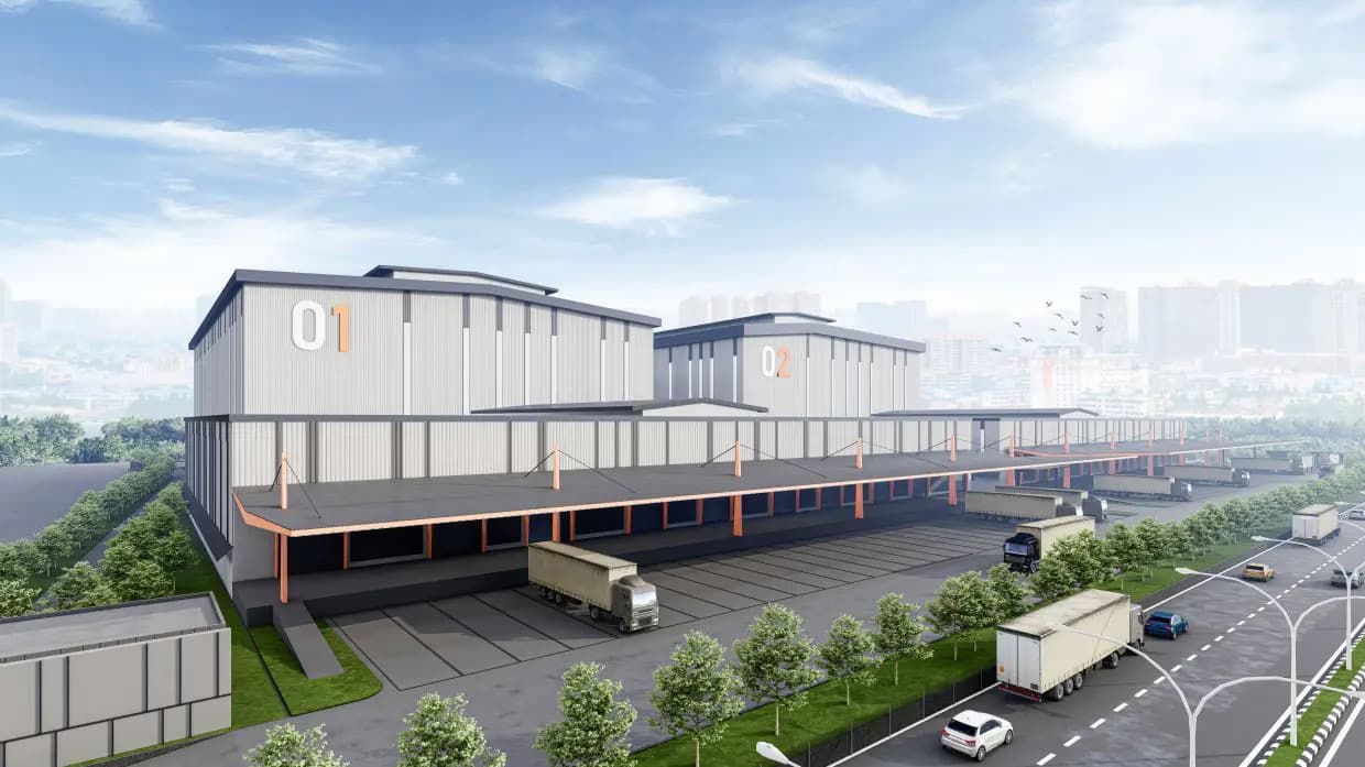 Exio Logistics Hub at Elmina East, Storio Hub 1 and Hub 2, with loading docks and trucks
