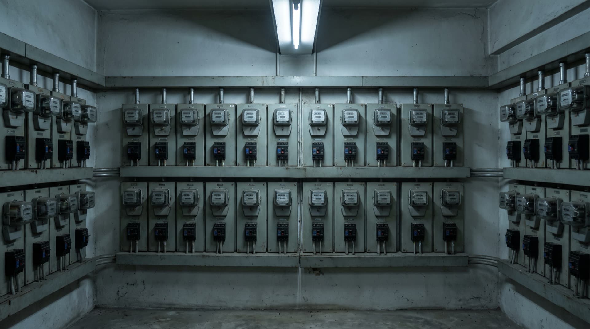 Rows of tenant electricity check-meters and labelled circuit breakers mounted on panel boards in a commercial building riser room under fluorescent light