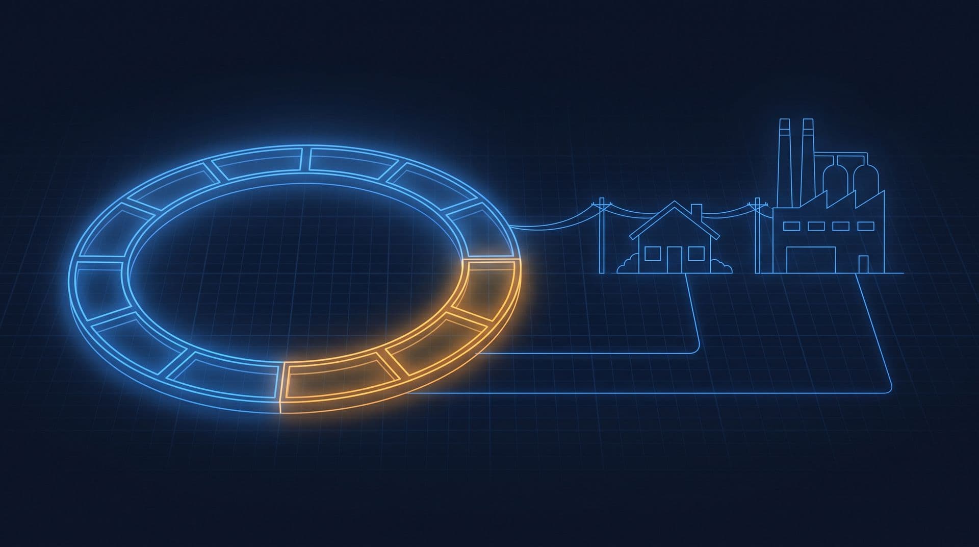 A 24-hour ring with the weekday 2pm to 10pm peak segment glowing amber, wired to a house and a factory