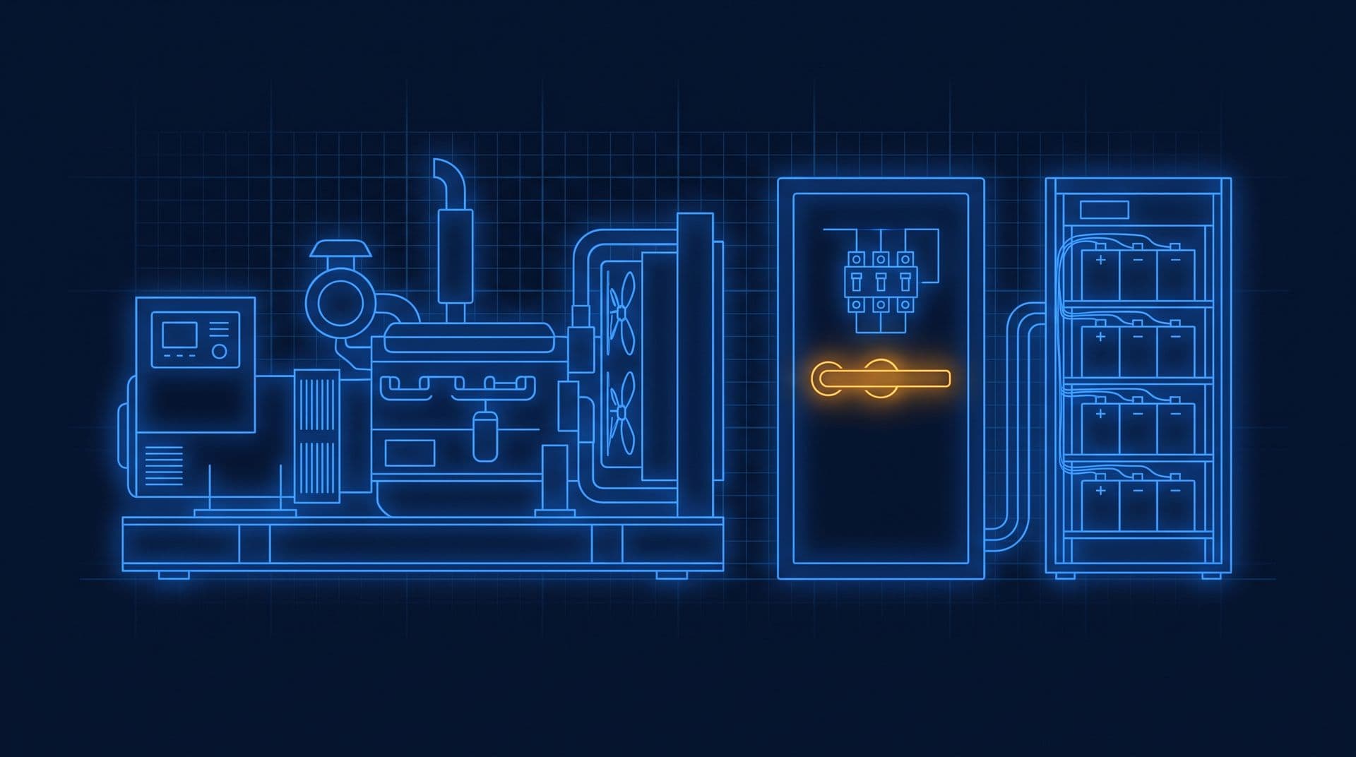 Illustration of a standby generator, a transfer switch cabinet and UPS batteries
