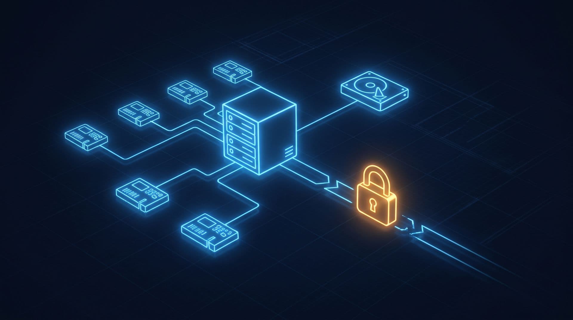 Illustration of a building controls network with a padlocked remote access path and a backup drive