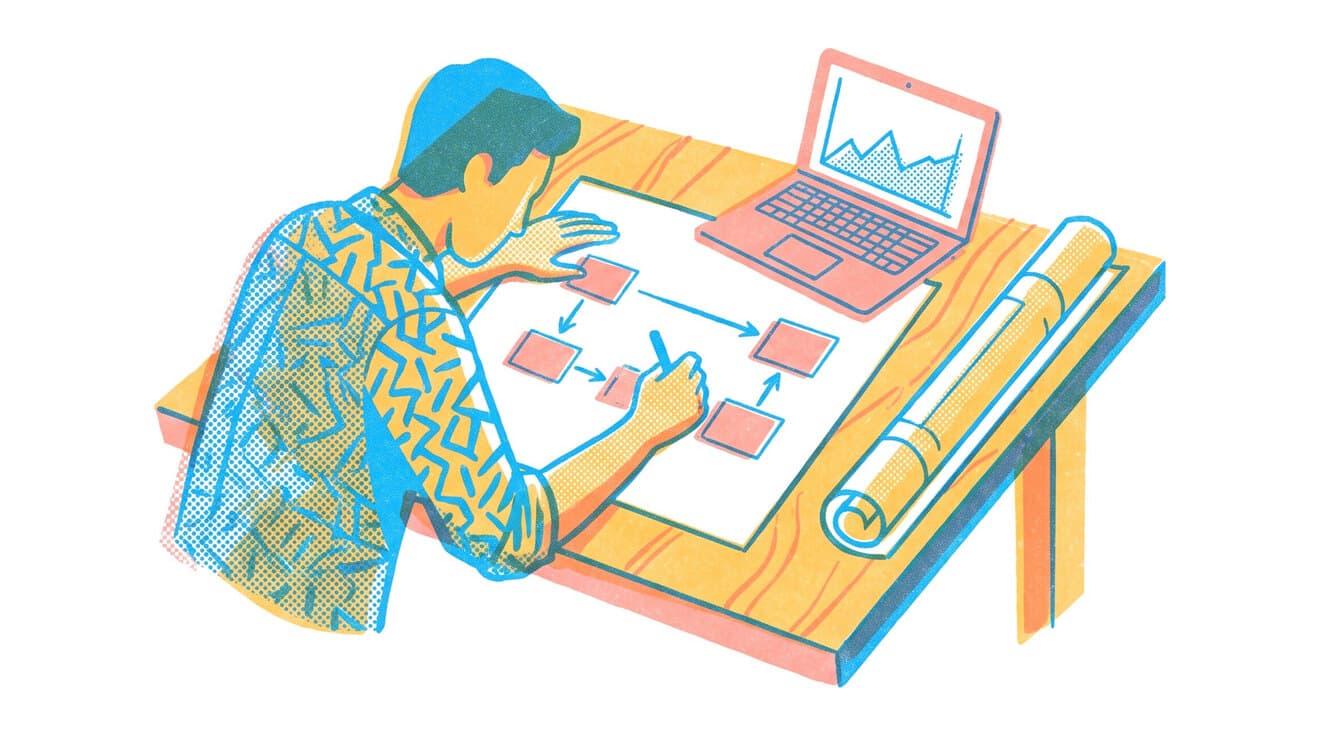 Riso illustration of an engineer drawing a building control schematic