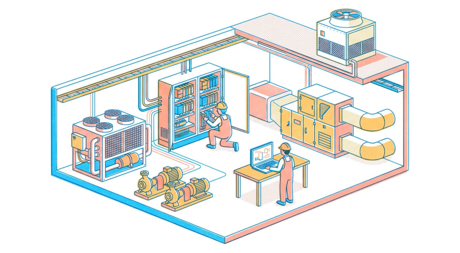Riso illustration of engineers commissioning a plant room: a control panel, a BMS workstation, a chiller, pumps and an air handling unit