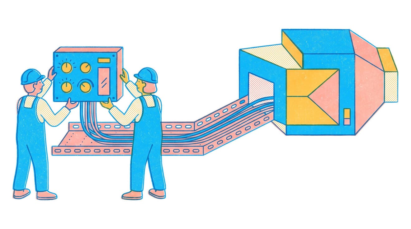 Riso illustration of technicians installing a control panel and running cables to an air handling unit