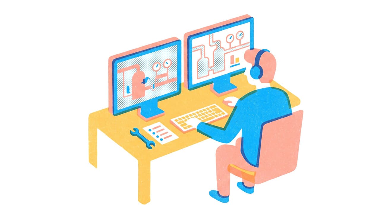 Riso illustration of a support engineer watching plant screens at a desk