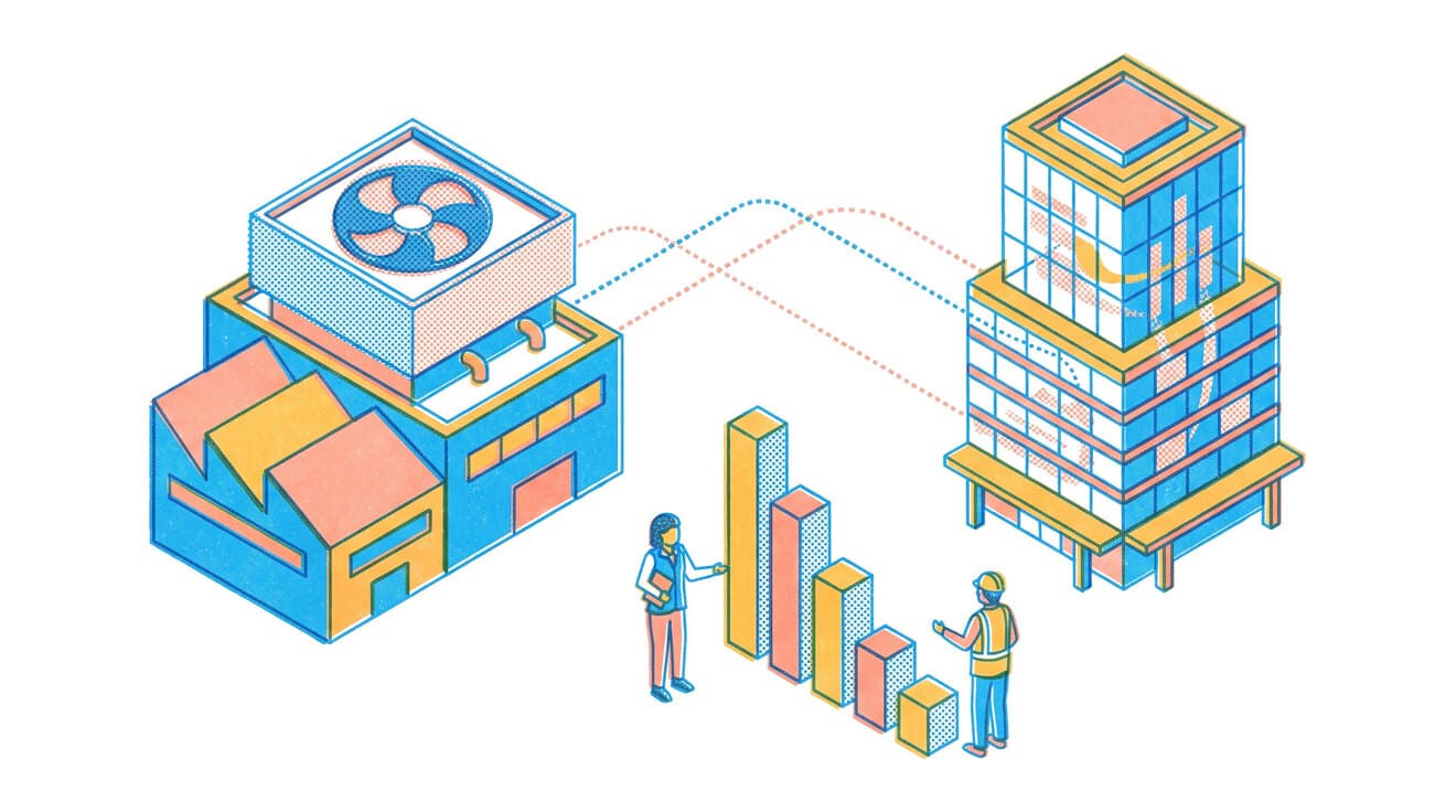 Riso illustration of a factory and an office tower linked by data lines, with a facility manager and an engineer beside a bar chart that steps down