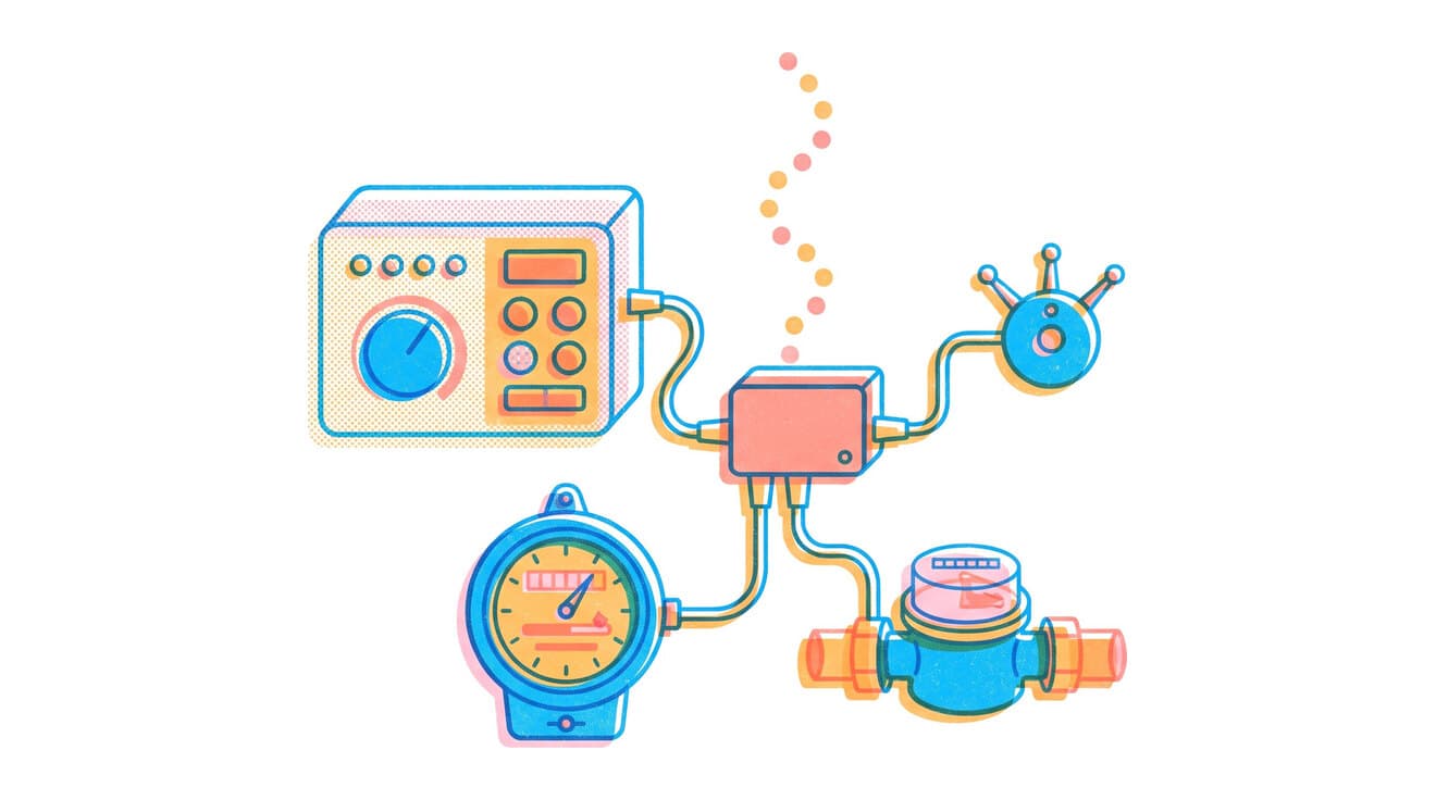 Riso illustration of a control panel, meters and a sensor plugged into one gateway