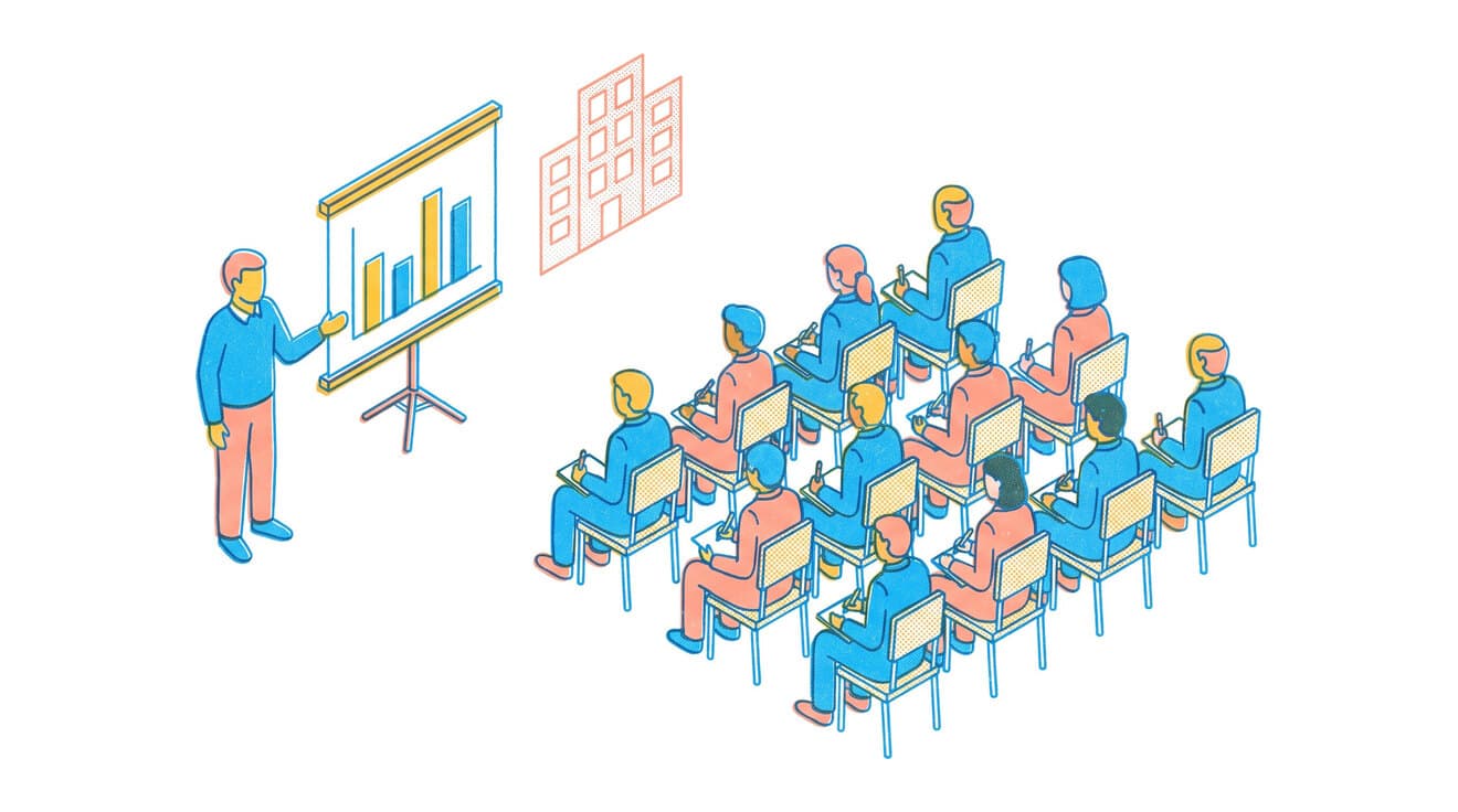 Riso illustration of a speaker beside a chart on a stand, with rows of facility engineers taking notes