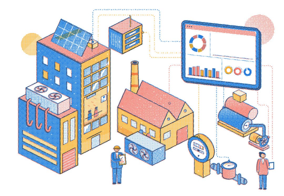 Riso illustration of an office tower, a factory, meters and staff sending live data to a CobiNeural dashboard