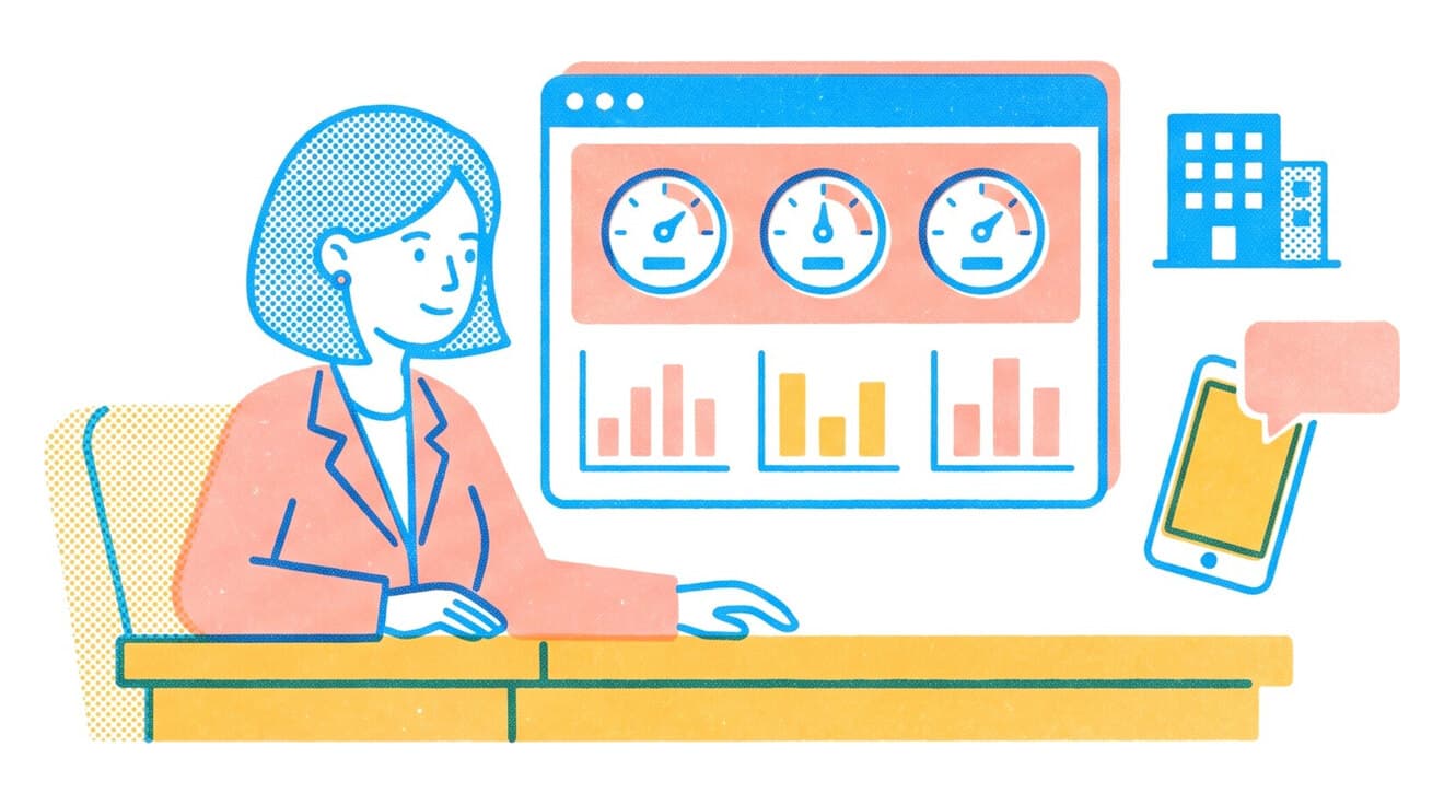 Riso illustration of a facility manager reading a dashboard with three gauges