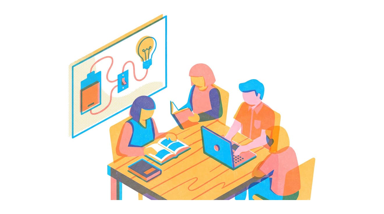 Riso illustration of learners at a table with books and a laptop, under a wall drawing of a battery, a switch and a light bulb