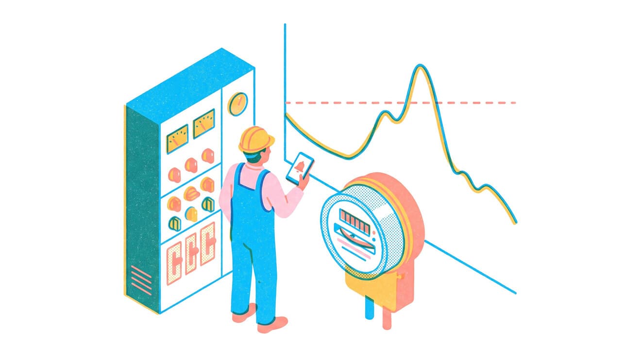 Riso illustration of a facility manager with a phone alert beside a switchboard and meter, in front of a demand curve whose afternoon peak crosses a dashed limit