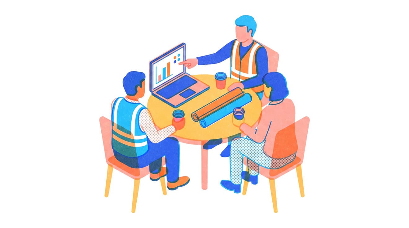 Riso illustration of two engineers and a building manager at a meeting table with a laptop chart, drawings and coffee