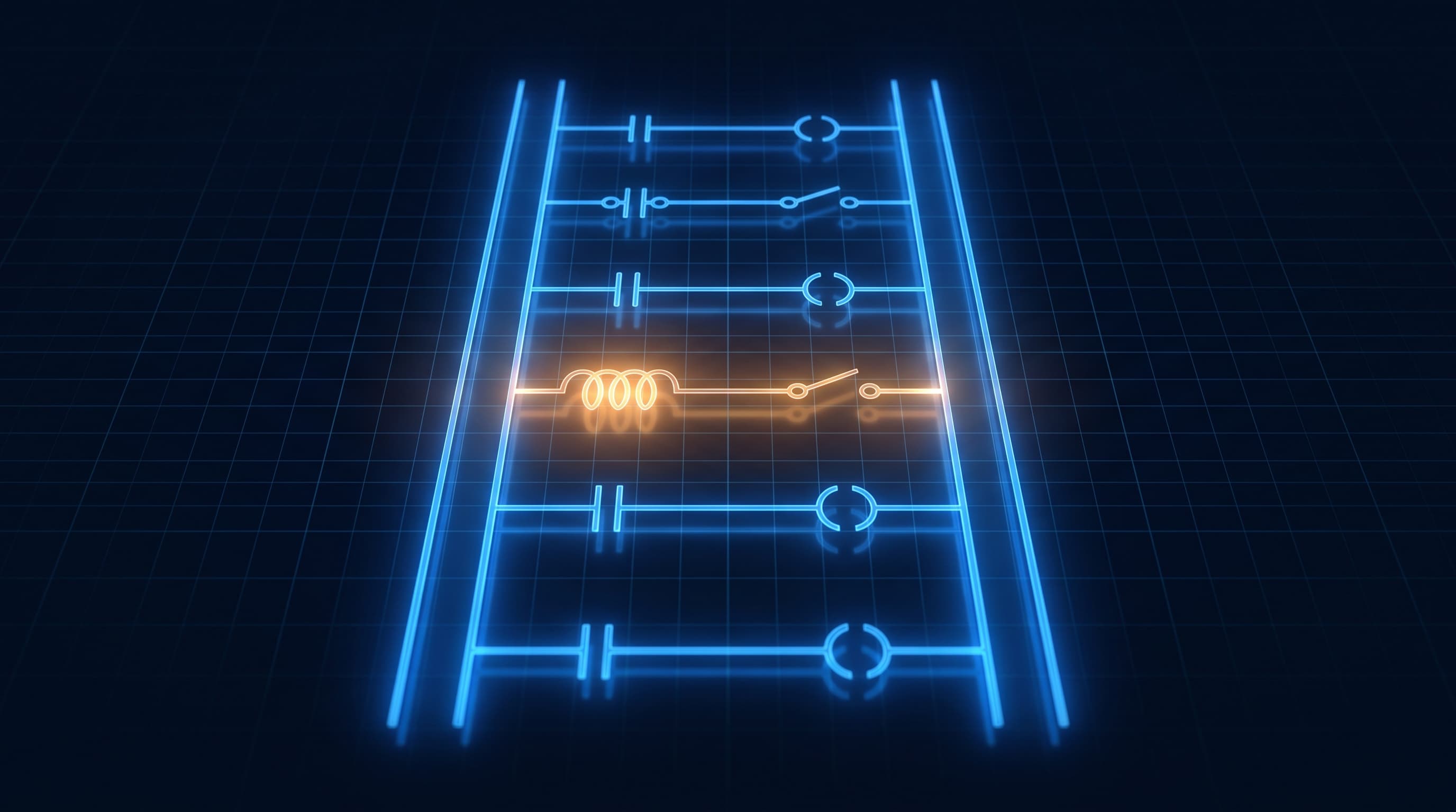 Glowing ladder schematic with vertical rails and symbol rungs, one seal-in rung glowing amber
