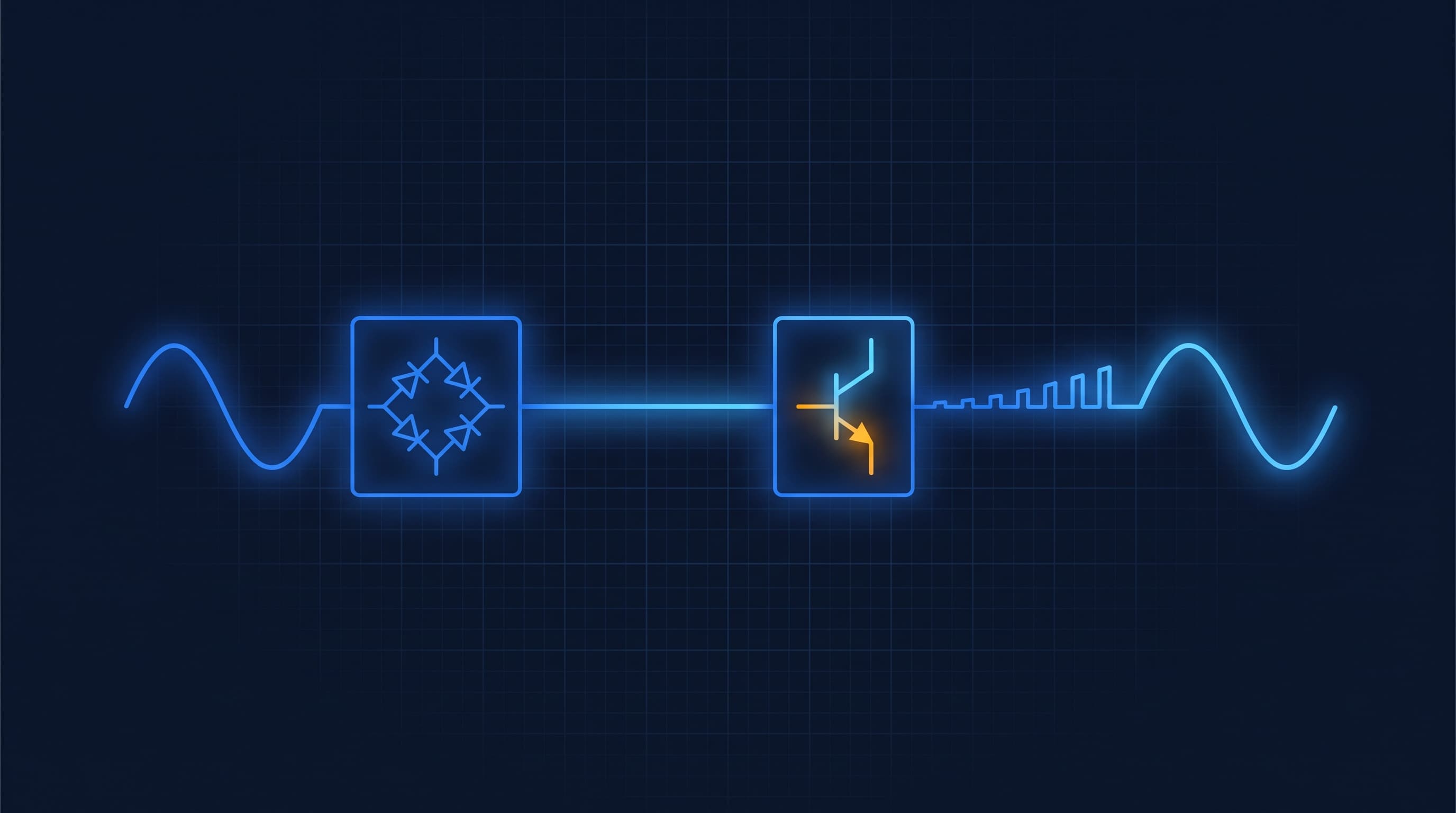 Sine wave flattening into DC through a diode bridge, then chopped by a transistor switch back into a clean AC wave